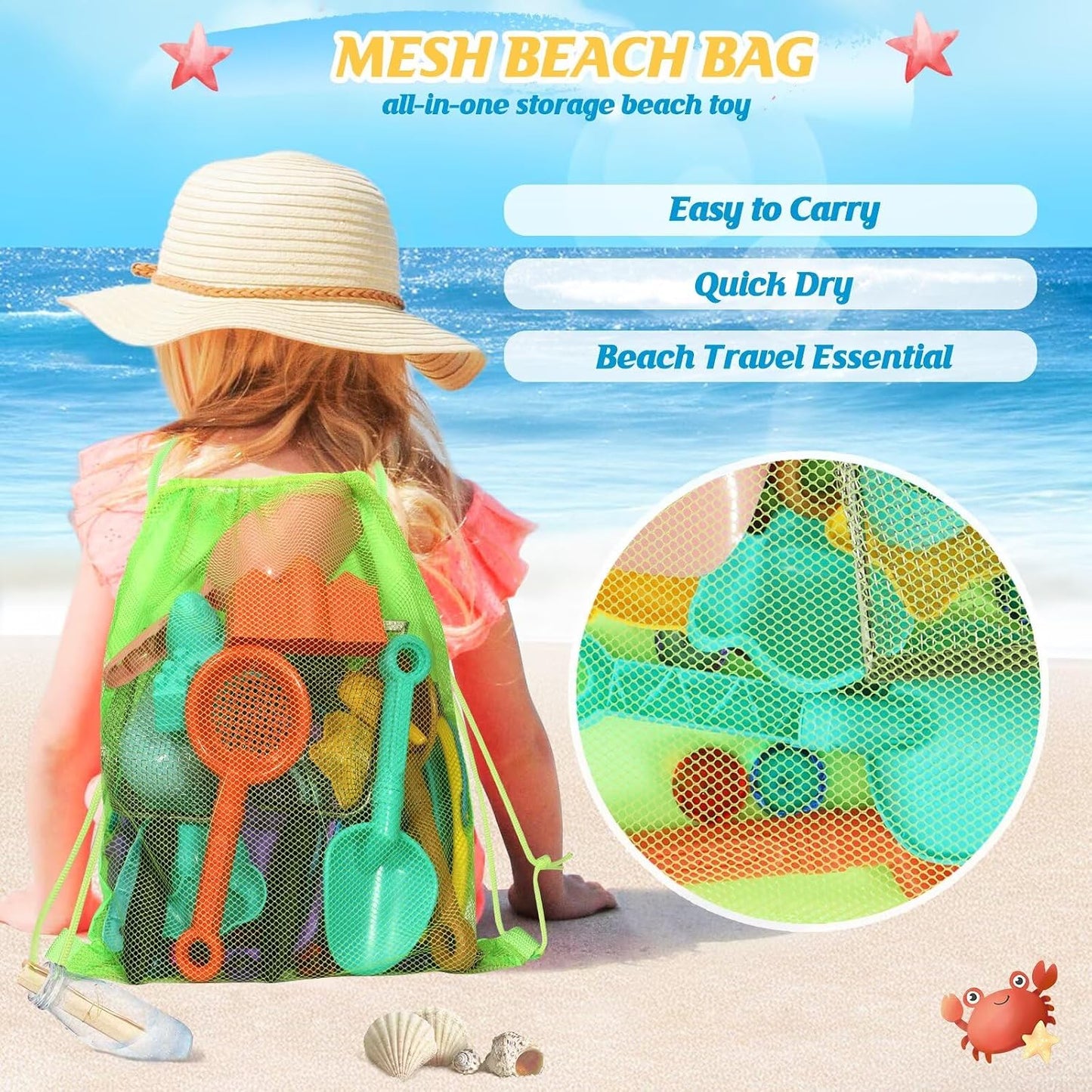 HotBeach Sand Toys for Kids,Sand toys with 2 Collapsible Beach Bucket,2 Beach Sifter Shovel,Sand Shovel Set,Sand Castle Kit,Sea Animal Molds,Diving Gem Pool Toy,Mesh Bag Travel Toys for Toddler 3-10