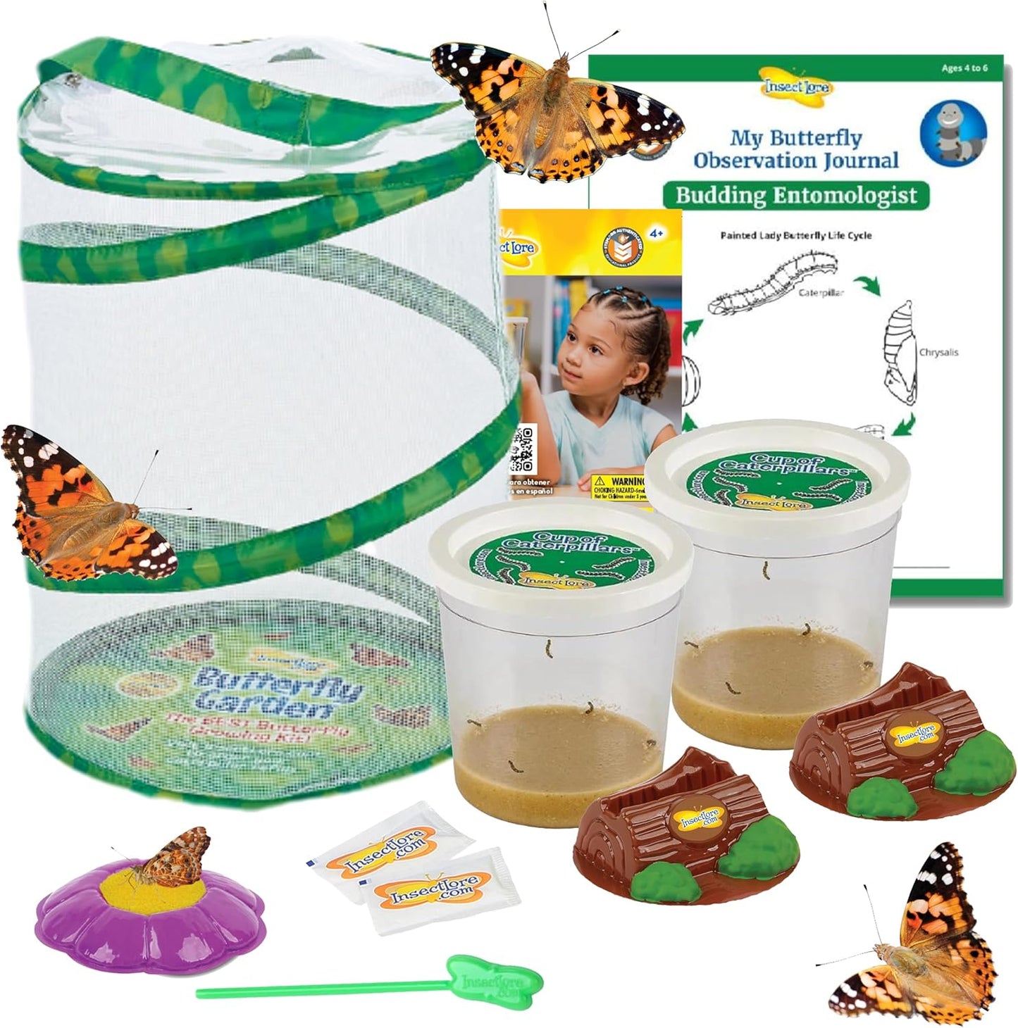 Hot Insect Lore Butterfly Garden with 10 Live Baby Caterpillars - Habitat, Feeder, Chrys-A-Lid Holders, STEM Activity Journal - Raise and Release Painted Lady Butterflies
