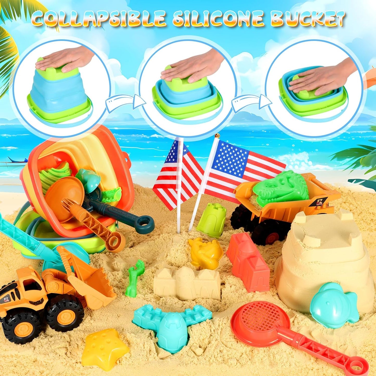 HotHUITEM Beach Sand Toys for Kids, 29PCS Sandbox Toys with 2 Collapsible Bucket Sand, 2 Dump Truck, Dinosaur Molds, Castle Building Kit, Shovel Sieve,Flags,Mesh Bag Travel Beach Toys for Toddler 3-10