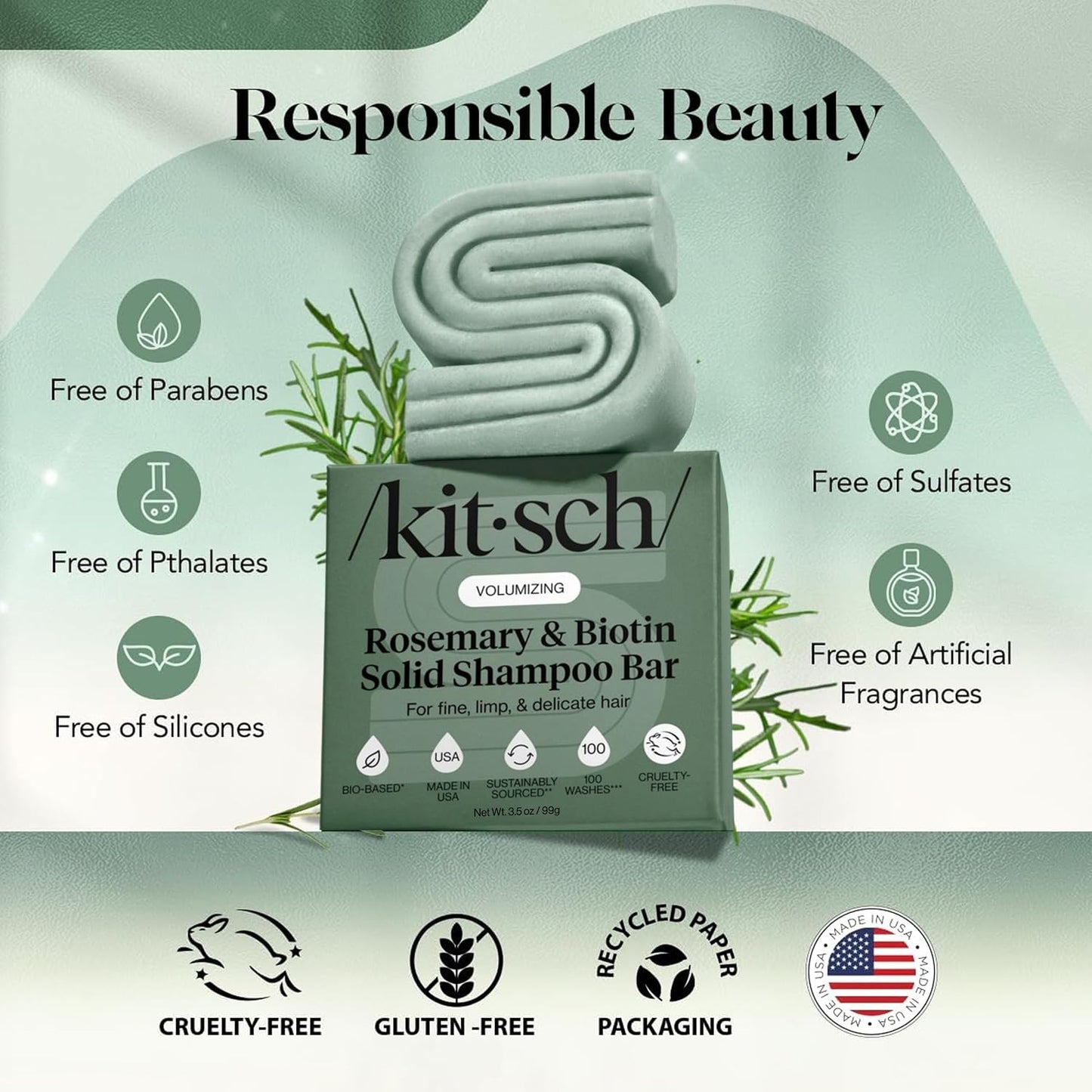 HotKitsch Rosemary & Biotin Shampoo Bar Soap for Hair Growth - 3.5 oz | Strengthening, Thickening & Volumizing Hair Shampoo for Women and Men - Free of Paraben, Sulfate & Silicone - Made in USA
