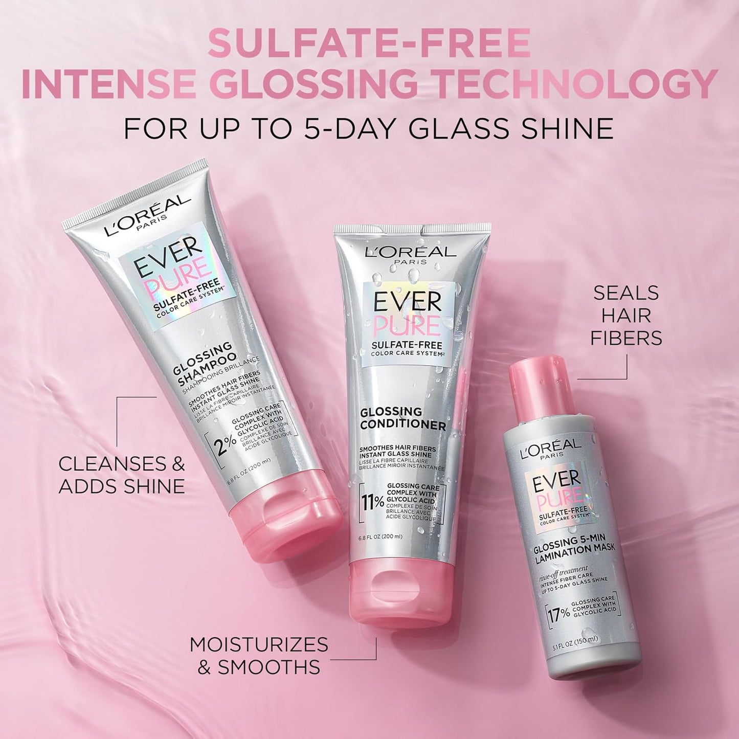 HotL’Oreal Paris Sulfate Free Glossing Shampoo and Conditioner Set with Glycolic Acid, Provides Intense Glass Shine & Smoothness, Suitable for Dull, Dry, and Color-Treated Hair, EverPure, 13.6 Fl Oz Set
