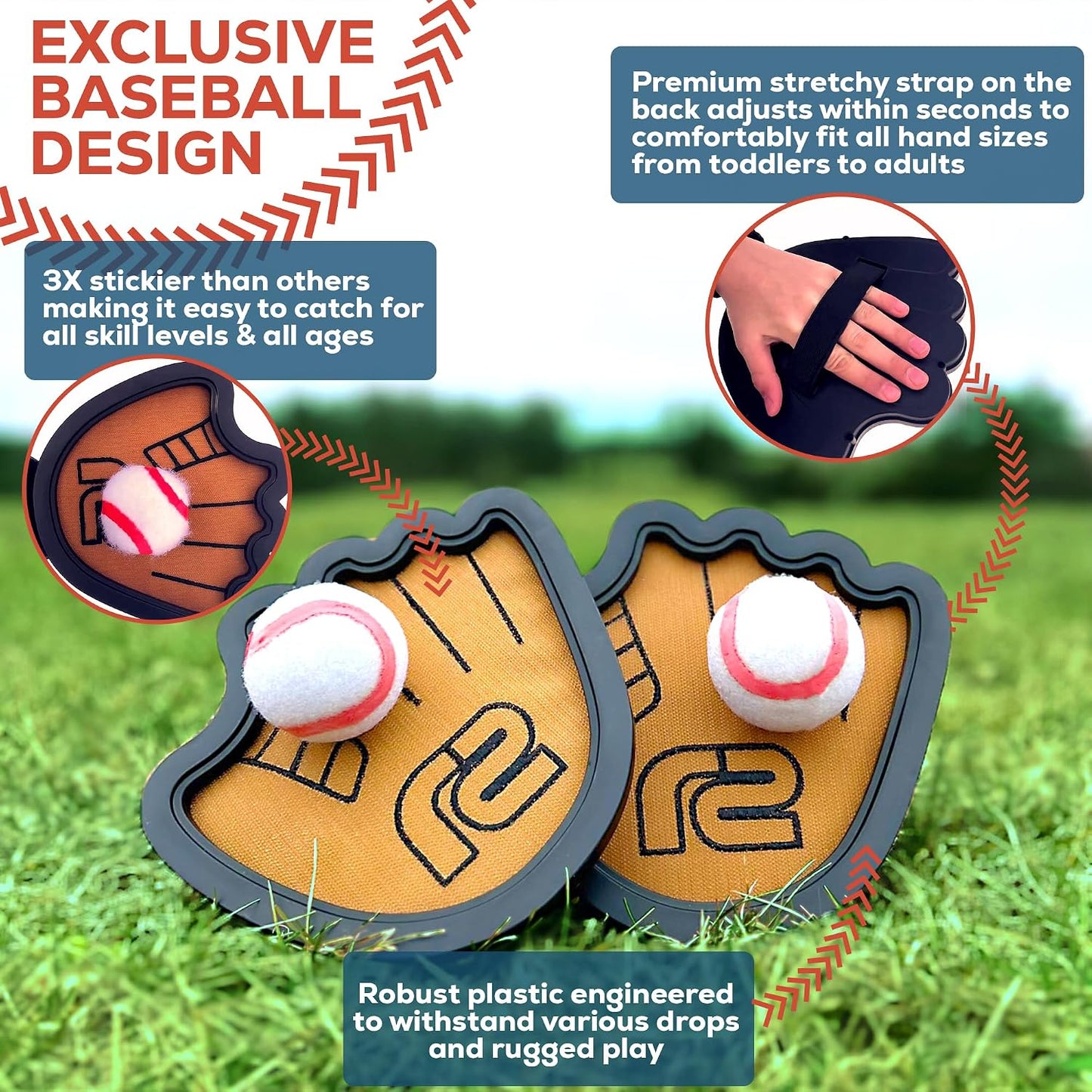 Hot Toss and Catch Ball Game Set - Easy to Use Sticky Balls & Beginner Baseball Training Glove - Premium Toy Paddle Fits All Hand Sizes From Toddlers to Teens & Adults - Fun Gift Idea for Boys and Girls