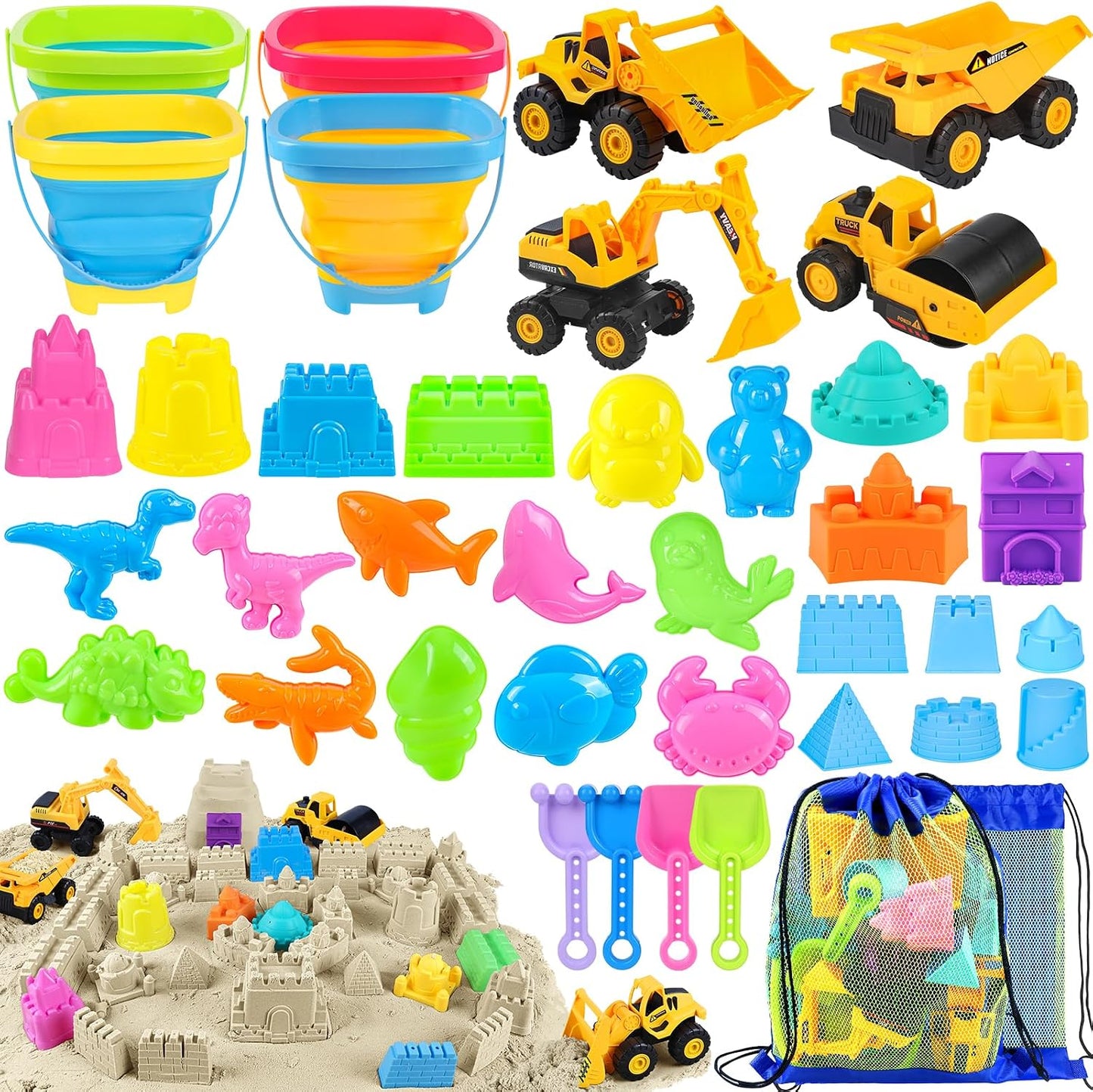 Hot FHOZGECY Beach Sand Toys, 4 Construction Vehicles, 4 Collapsible Buckets, Sand Castle Molds with Travel Mesh Bags, Sandbox Play Set for Kids Ages 3-12, Multi‑Scene Play for Outdoor Summer Beach Games