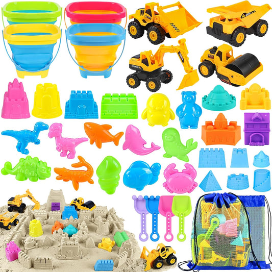 Hot FHOZGECY Beach Sand Toys, 4 Construction Vehicles, 4 Collapsible Buckets, Sand Castle Molds with Travel Mesh Bags, Sandbox Play Set for Kids Ages 3-12, Multi‑Scene Play for Outdoor Summer Beach Games