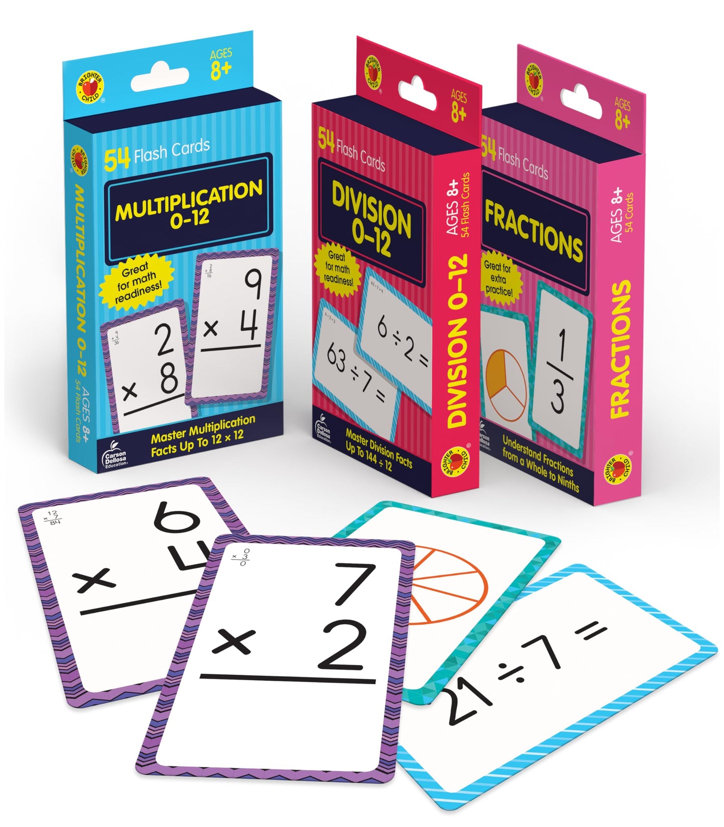 Hot Carson Dellosa Division, Fractions, and Multiplication Flash Cards, 3 Sets of Flashcards, Math Games for Kids 8-12, 3rd Grade Mathematics Practice and Up