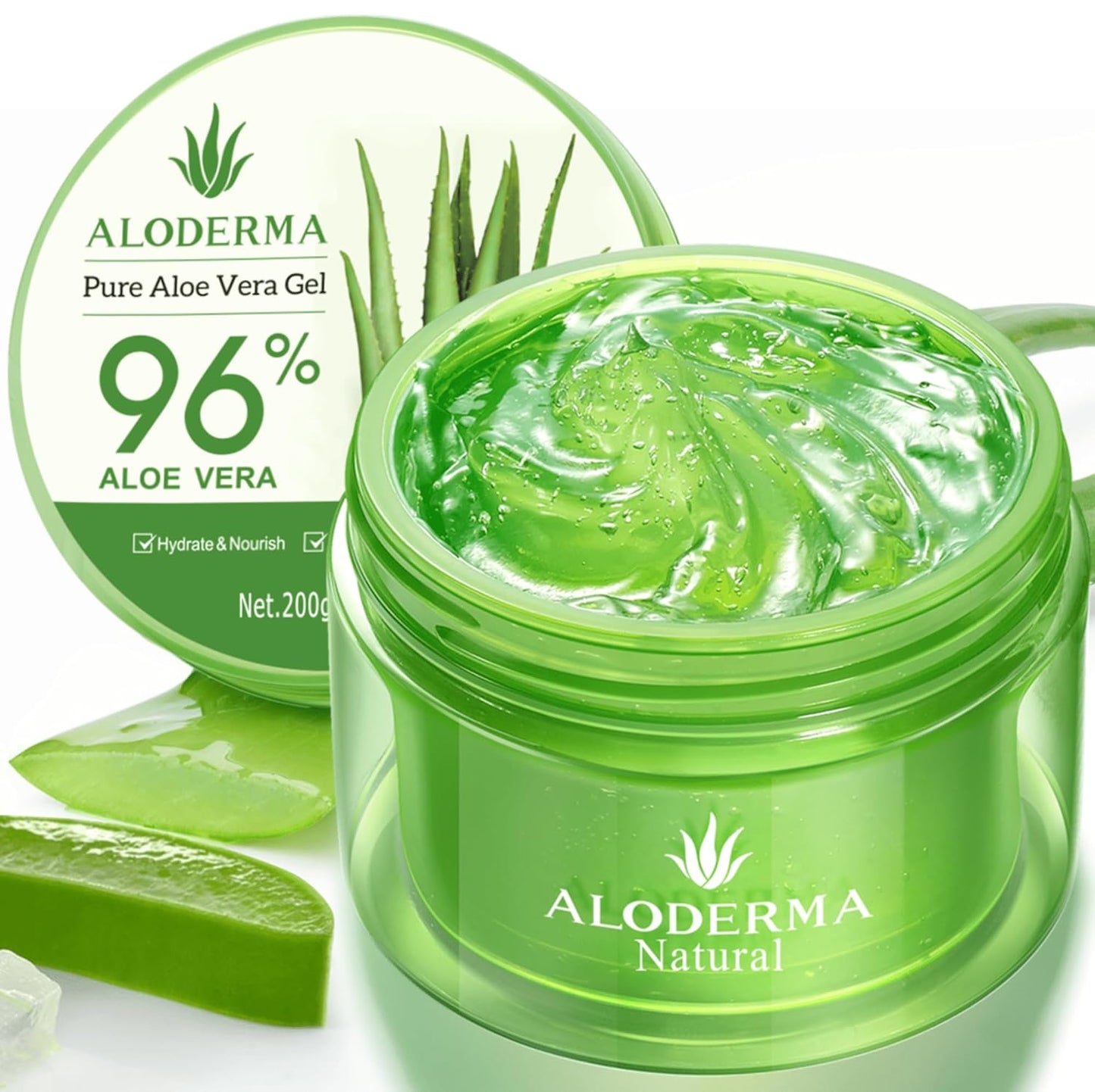 HotAloderma Aloe Vera Gel Made within 12 Hours of Harvest with 96% Pure Organic Aloe Vera for Skin, Scalp, & Hair, Soothing Aloe Face Moisturizer, Multipurpose, Hydrating Aloe Gel, 7.05oz
