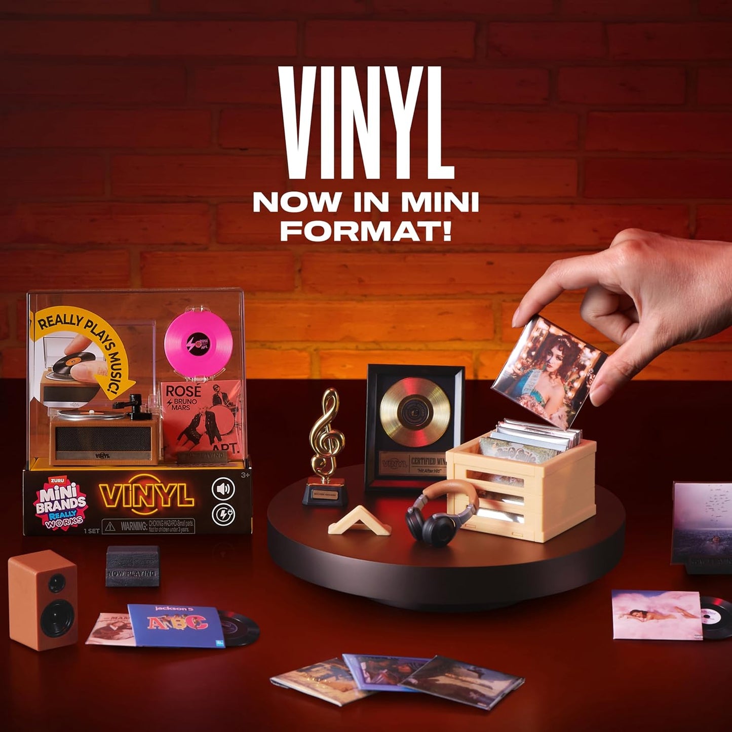 HotMini Brands Really Works Vinyl Playset Series 1 by ZURU – Functional Mini Vinyl Record Player with Actual Music Playback, Includes Record & Stand, Collectible Toy for Kids, Gen Z & Adults