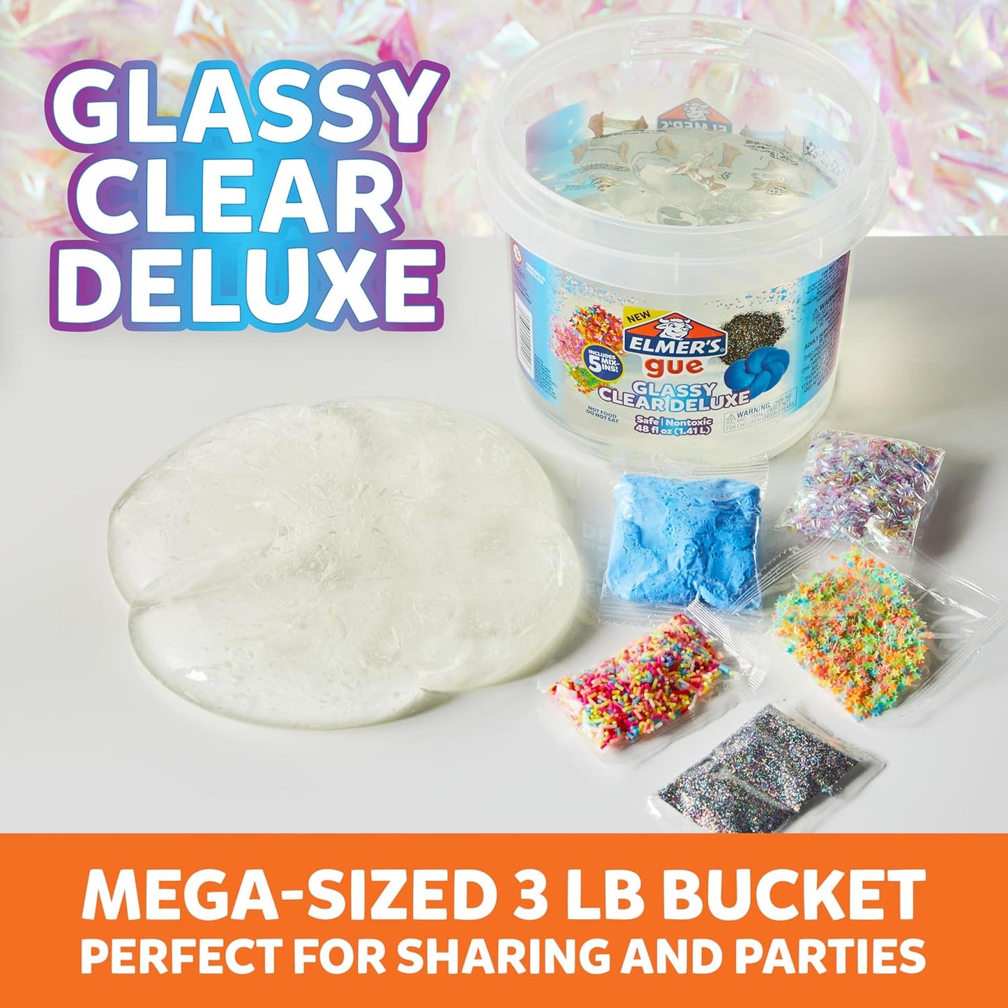 Hot Elmer's Gue Premade Slime, Glassy Clear 3 Lb. Bucket - Includes 5 Sets of Slime Add-ins