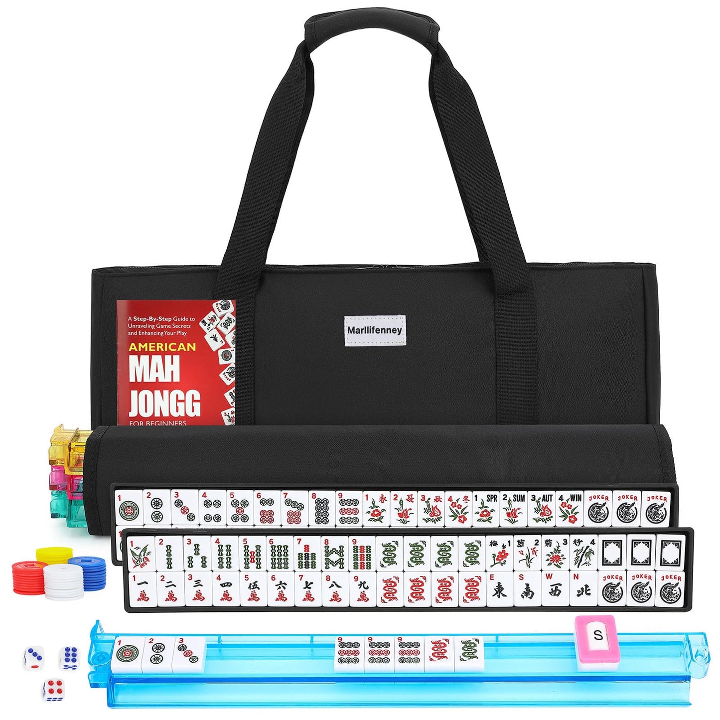 Hot American Mahjong Tile Set,166 White Tiles Mahjong Set,4 Colors Mahjong Racks,Travel Mahjong Set with Blue Carrying Bag