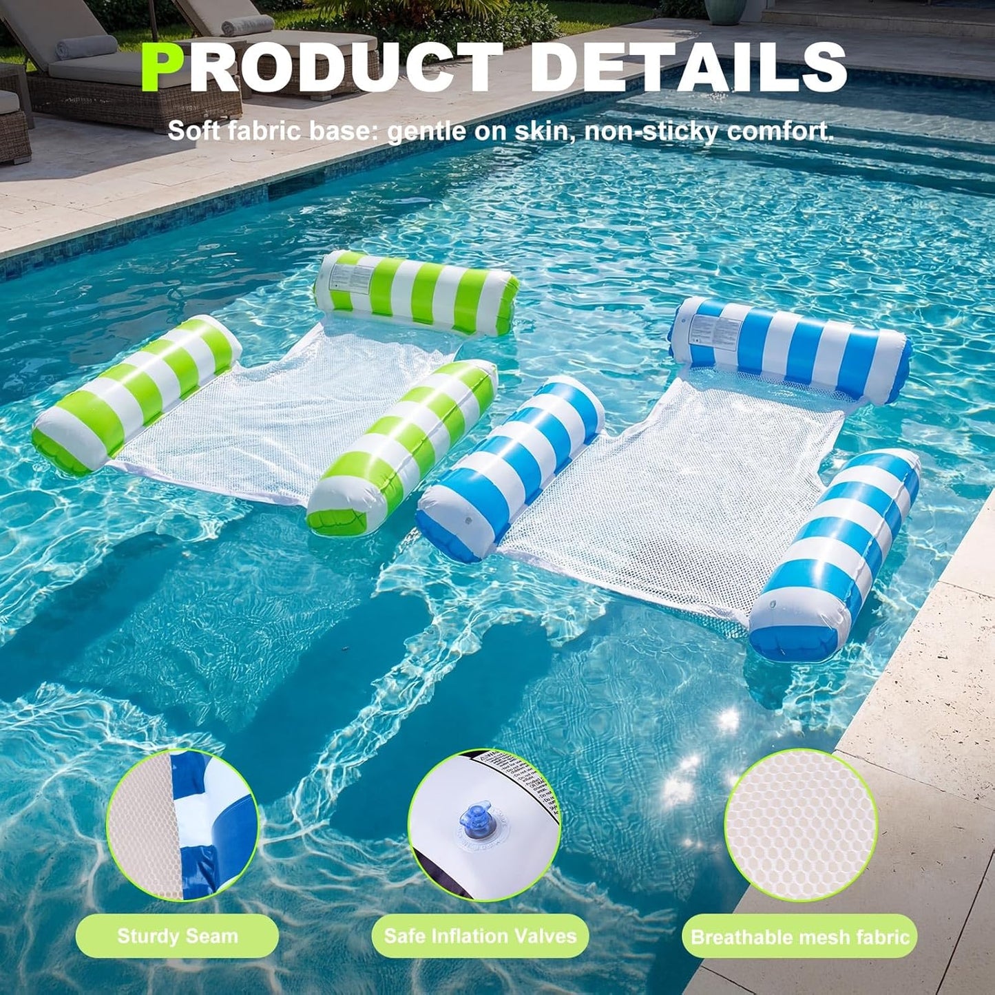 HotInflatable Pool Floats Adult, 2 Pack Thick Pool Floaties Heavy Duty, Non-Stick PVC Rafts Chairs with Mesh Seat, Hammock Noodles Lounger for Summer Water Party Lake Beach
