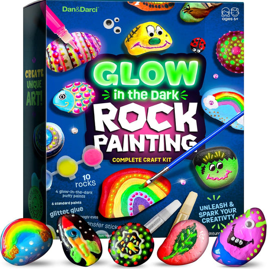 HotDan&Darci Kids Rock Painting Kit - Glow in The Dark - Gifts Arts & Crafts for Boys and Girls Ages 6-12 - Craft Activities Kits - Creative Art Toys for 6, 7, 8, 9, 10, 11 & 12 Year Old Kid