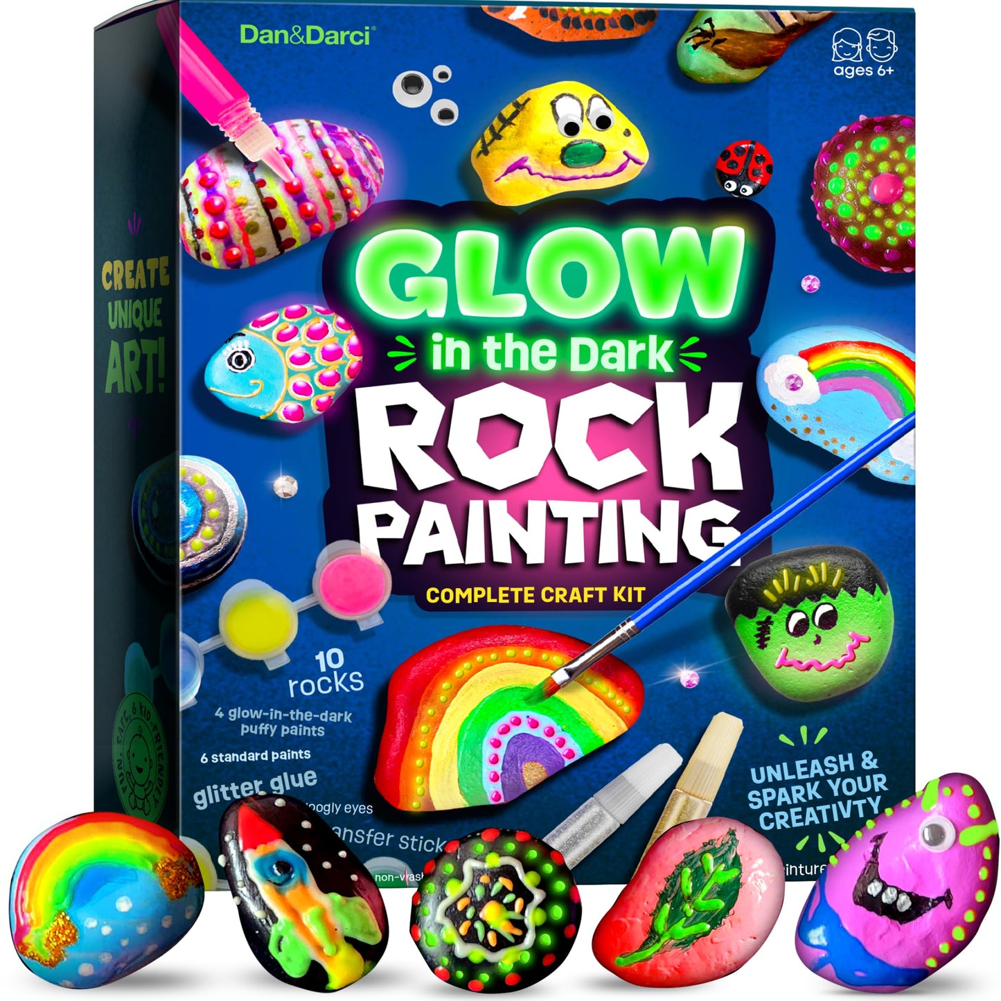 HotDan&Darci Kids Rock Painting Kit - Glow in The Dark - Gifts Arts & Crafts for Boys and Girls Ages 6-12 - Craft Activities Kits - Creative Art Toys for 6, 7, 8, 9, 10, 11 & 12 Year Old Kid