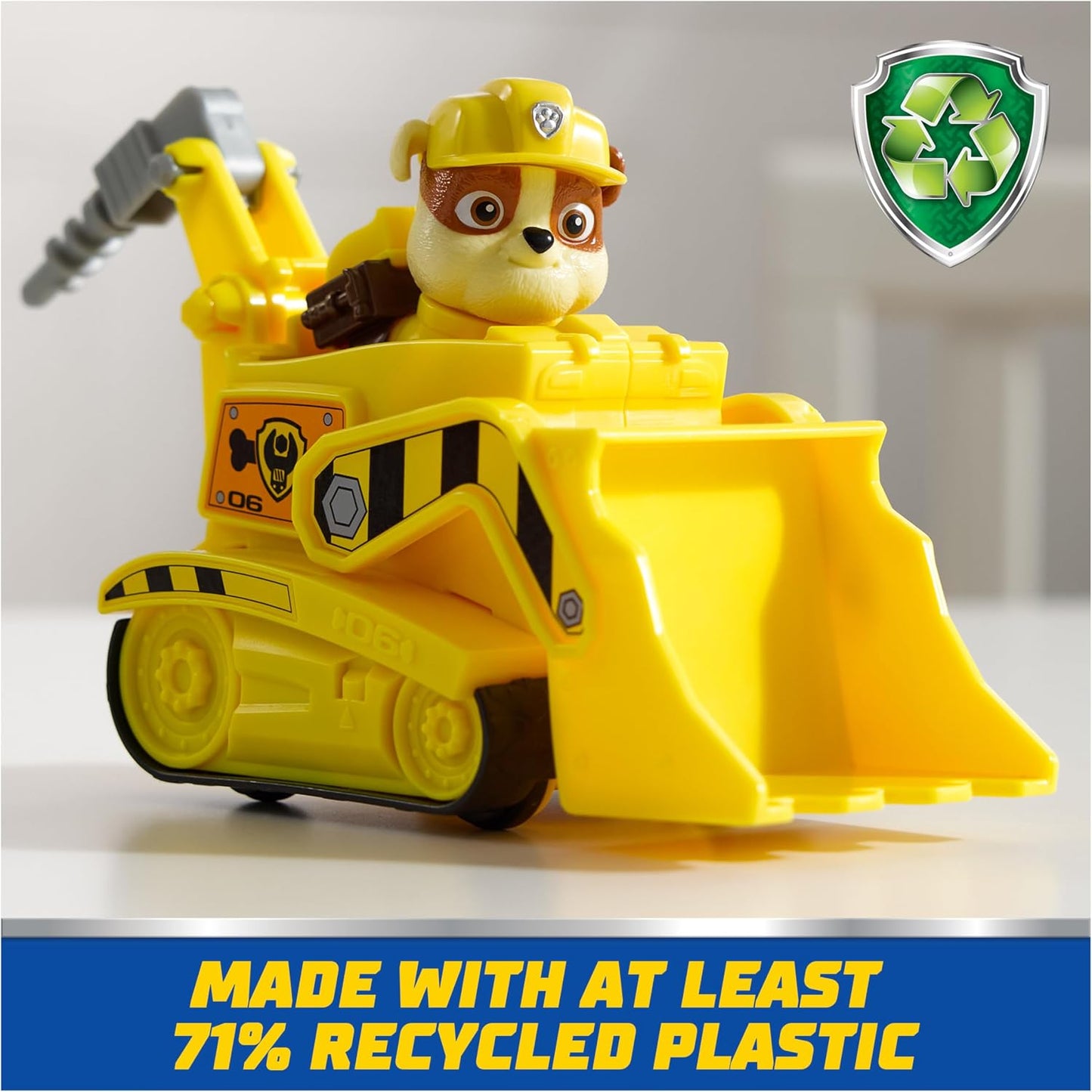 Hot Paw Patrol, Rubble’s Bulldozer Toy Truck with Collectible Action Figure, Sustainably Minded Kids Toys for Boys & Girls Ages 3 and Up