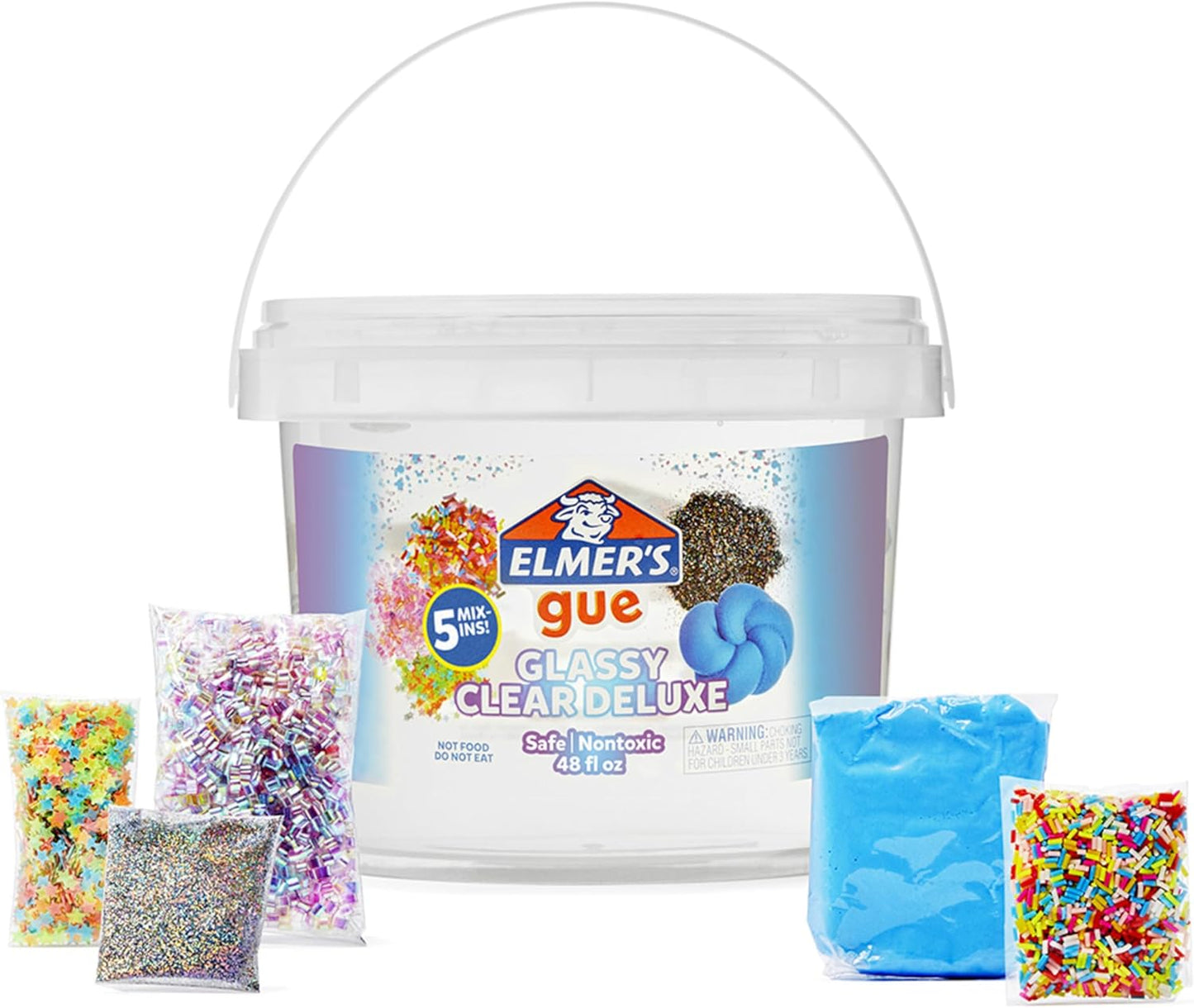 Hot Elmer's Gue Premade Slime, Glassy Clear 3 Lb. Bucket - Includes 5 Sets of Slime Add-ins