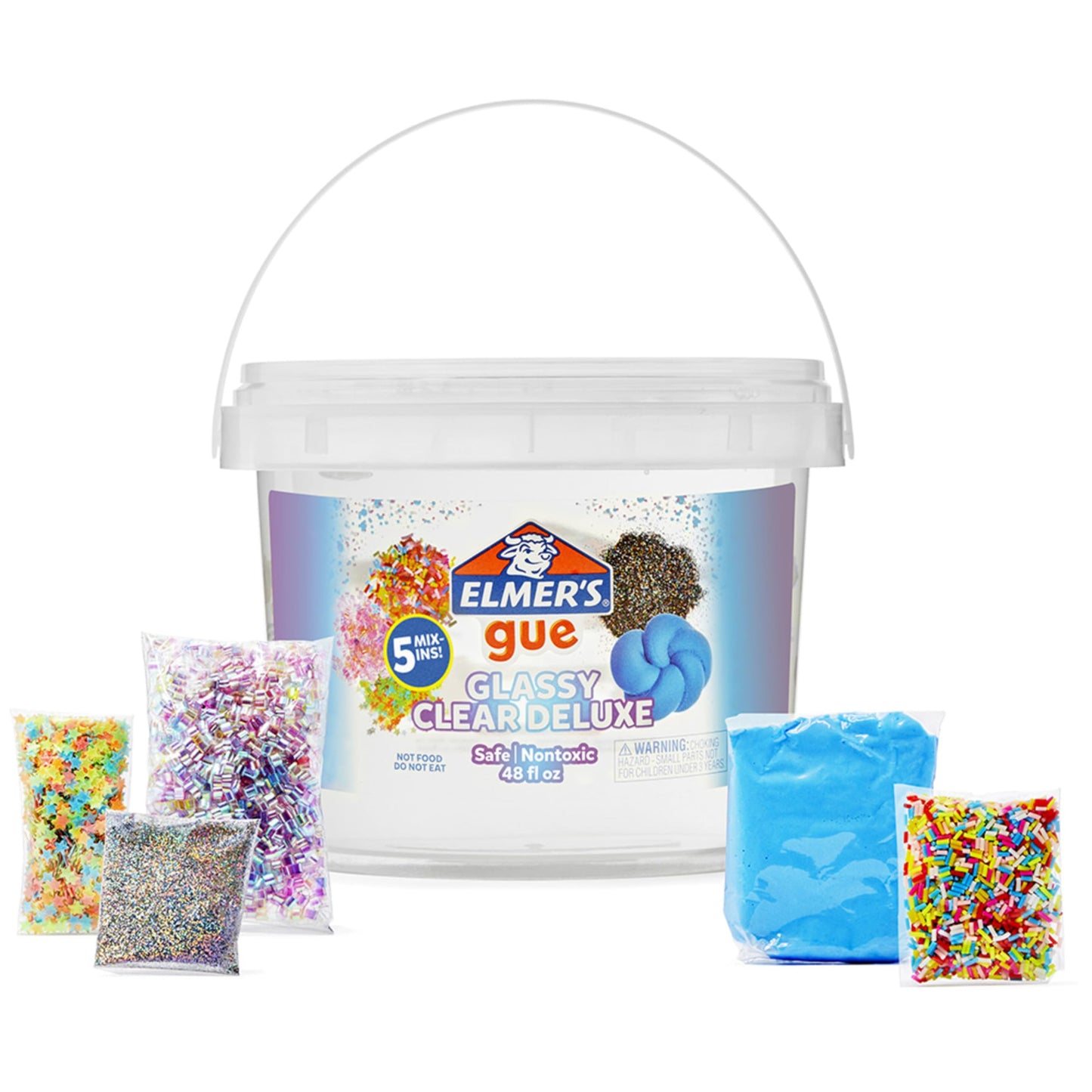 Hot Elmer's Gue Premade Slime, Glassy Clear 3 Lb. Bucket - Includes 5 Sets of Slime Add-ins