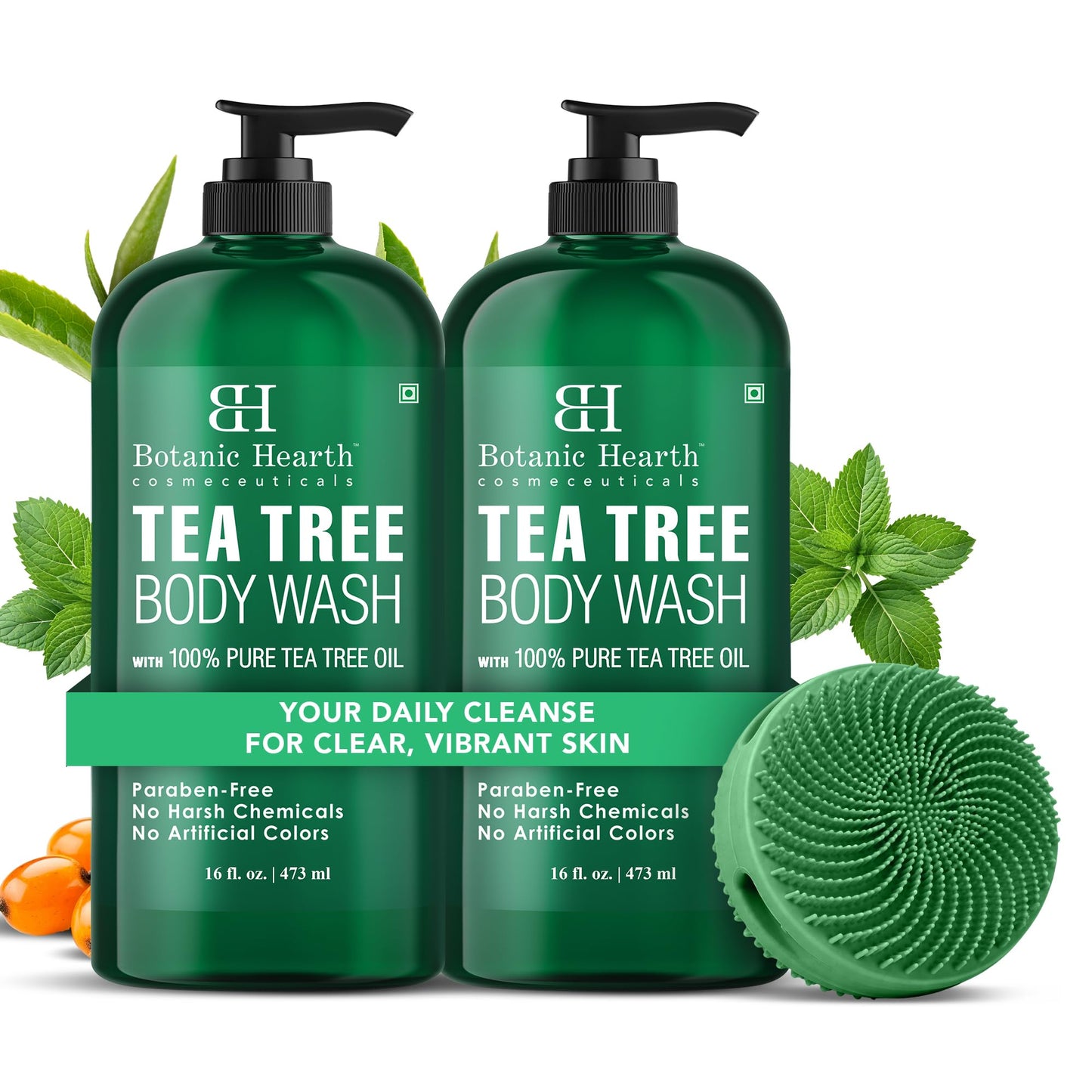 HotBotanic Hearth Tea Tree Body Wash, 16 Fl Oz (473 ml) Pack of 2 | With Tea Tree Oil, Peppermint & Sea Buckthorn | Gently Cleanses, Refreshes & Nourishes Skin | Sulfate & Paraben Free | For Men & Women