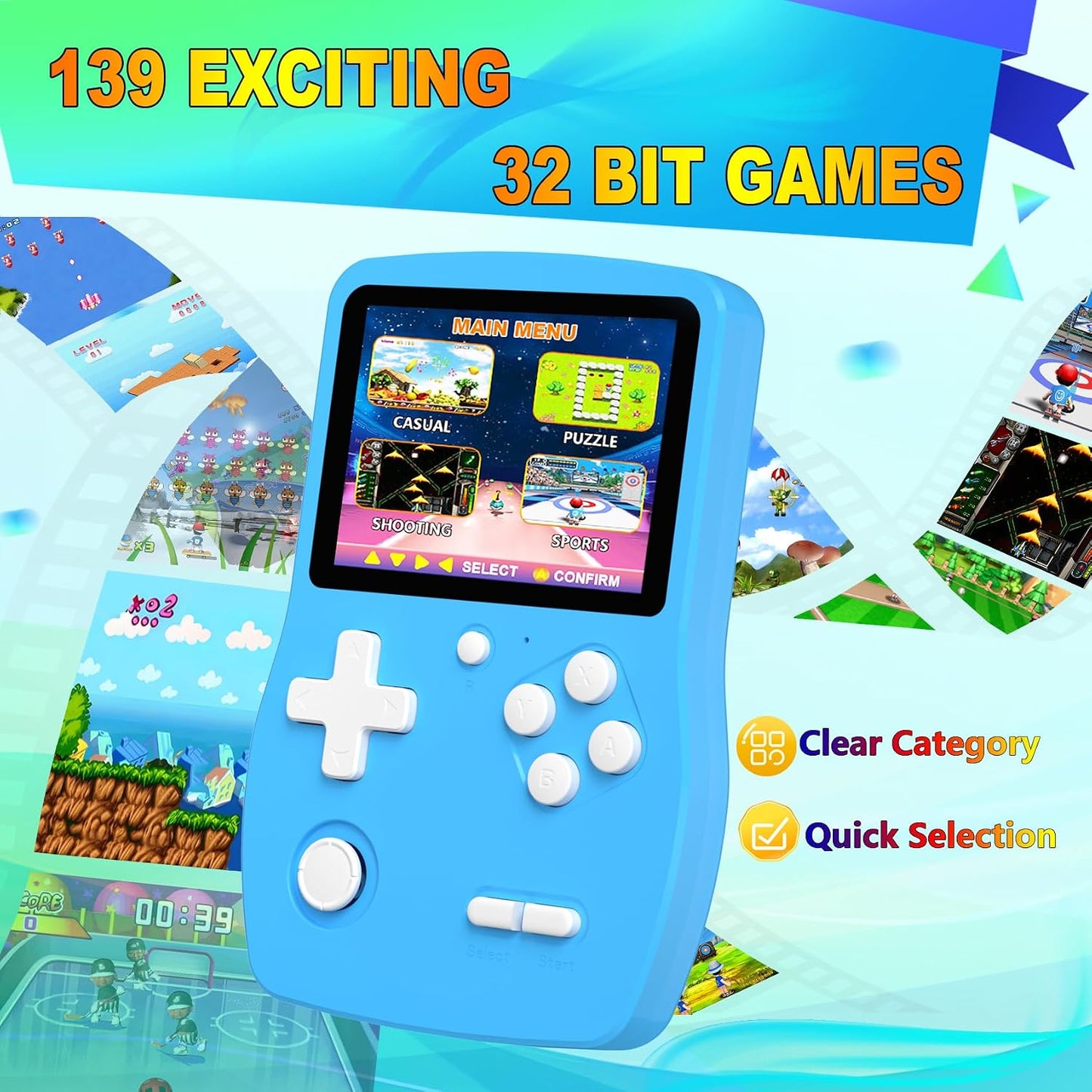 Hot 32 Bit Handheld Games for Kids Preloaded 139 Video Games, Portable Video Gaming Player with 3.0" IPS Screen and Rechargeable Battery, Mini Travel Games Electronic Gifts Toys for Boys Girls, Blue