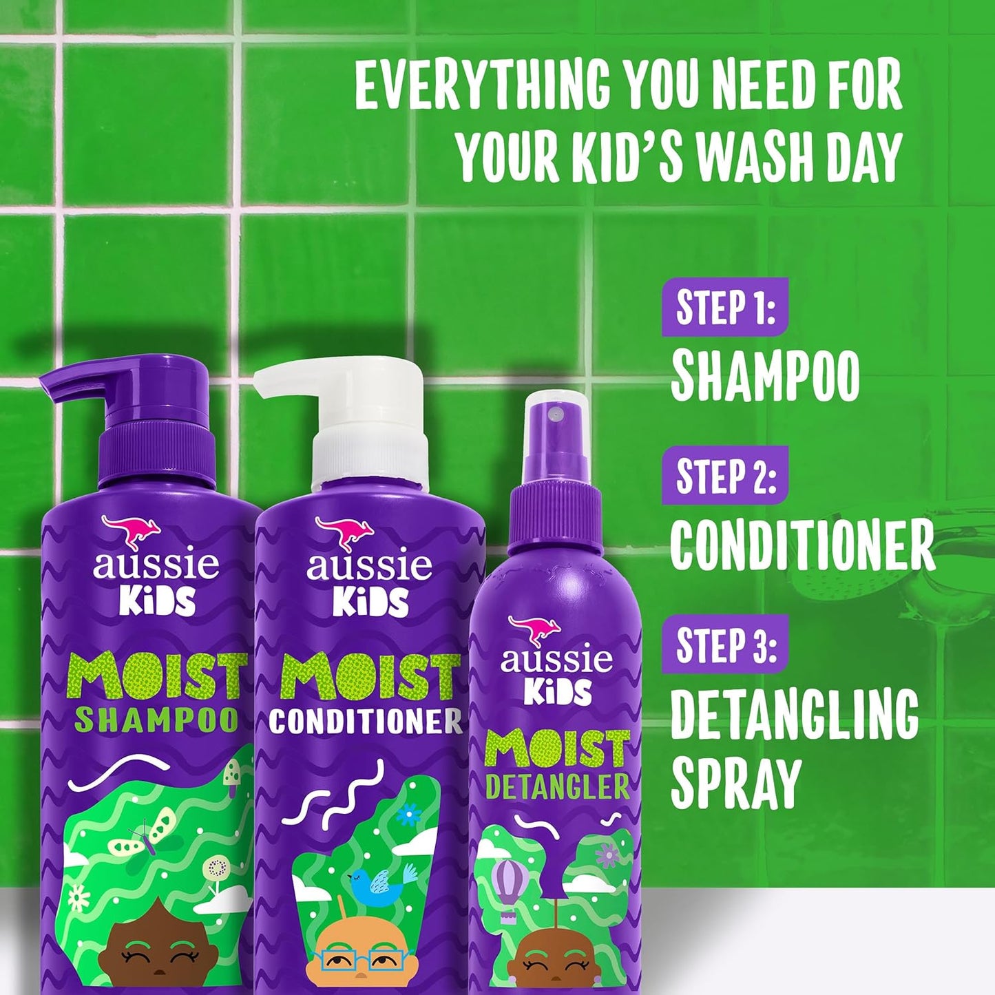 HotAussie Kids Hair Care Bundle Set Including: Shampoo (16 Fl Oz), Conditioner (16 Fl Oz) & Detangler Spray (8 Fl Oz), Paraben- Freem Sulfate-Free, Dye-Free, Cruelty-Free, Tangle-Free Styling