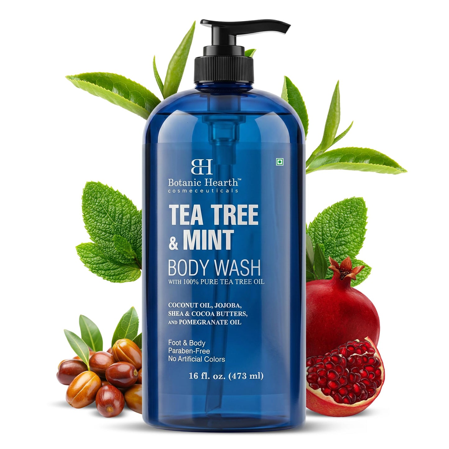 HotBotanic Hearth Tea Tree Body Wash, 16 Fl Oz (473 ml) Pack of 2 | With Tea Tree Oil, Peppermint & Sea Buckthorn | Gently Cleanses, Refreshes & Nourishes Skin | Sulfate & Paraben Free | For Men & Women