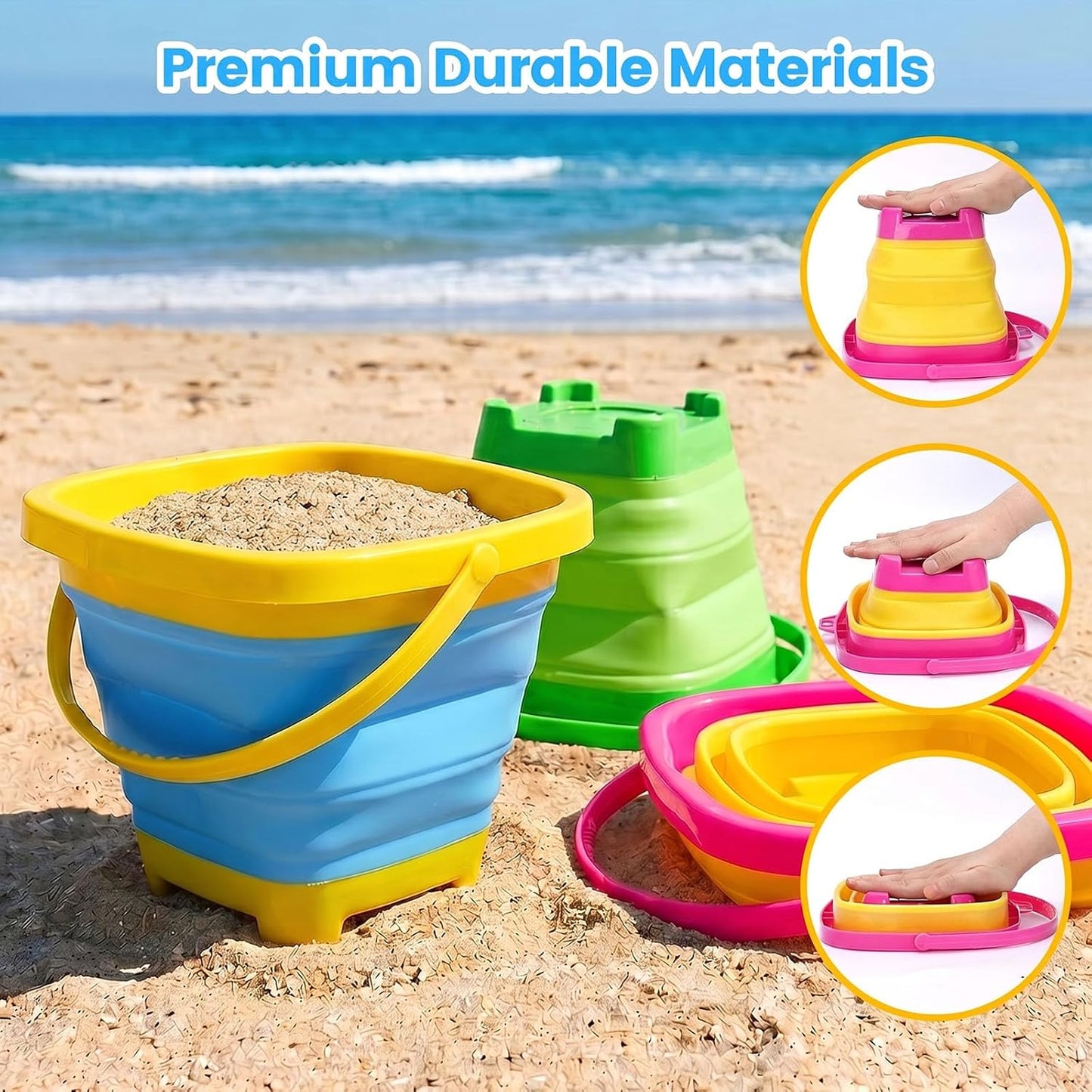 Hot Shindel 3Packs Foldable Pail Bucket, 2L Silicone Collapsible Beach Toys Bucket for Kids, Multi Purpose for Fun Summer Activities, Camping Gear, Beach Essentials