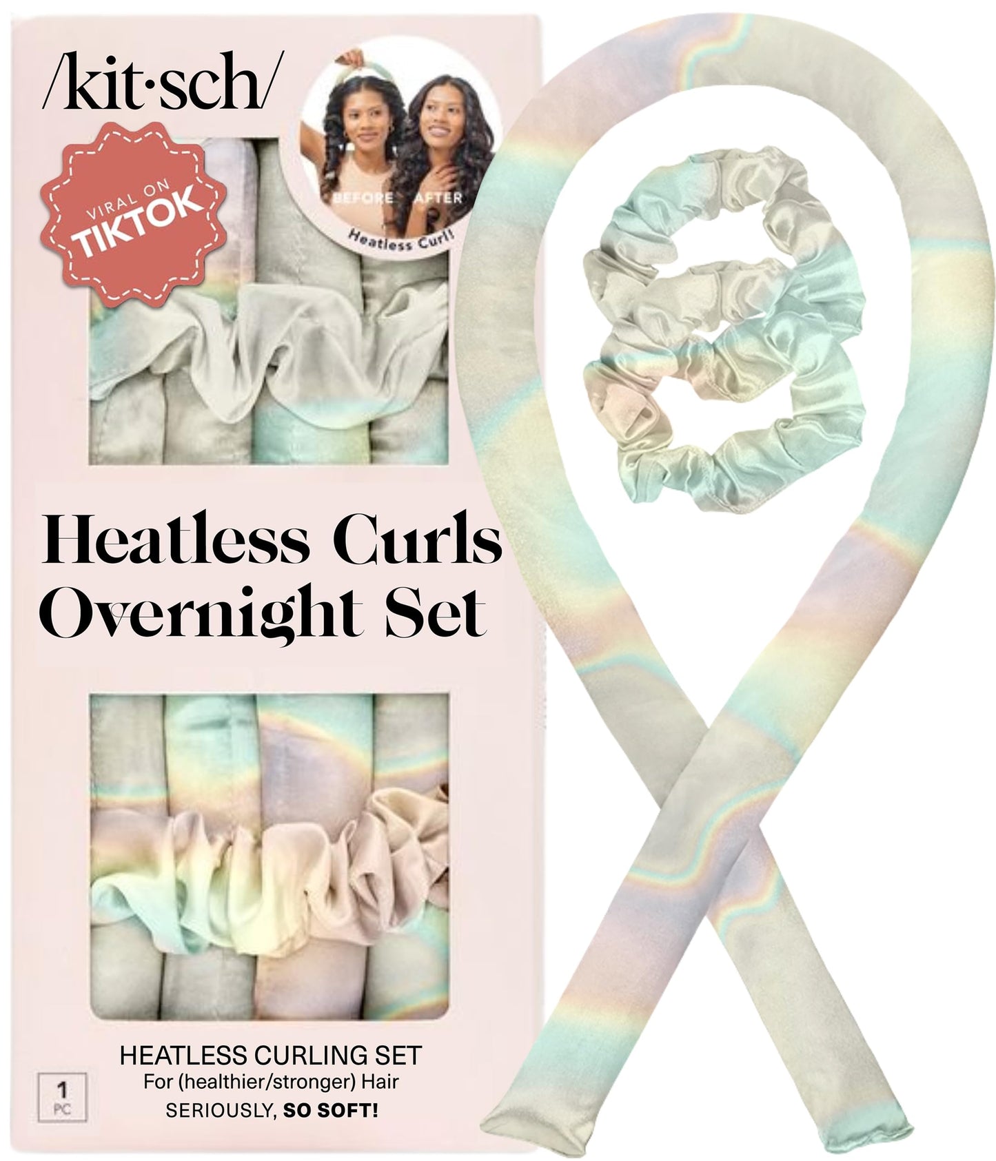 HotKitsch Satin Heatless Curls Overnight Set - Sunset Tie Dye | No Heat Damage Overnight Curls | Comfortable Frizz Free Hair Curlers To Sleep In with 34" Hair Waver & 2 Satin Scrunchies