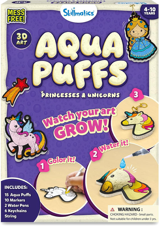 HotSkillmatics Aqua Puffs 3D Art Kit – Princesses & Unicorns, Mess-Free Toy | Paint by Number Craft for Kids, DIY Color Activity, Screen-Free Fun, Gift for Girls & Boys Age 4, 5, 6, 7, 8, 9, 10