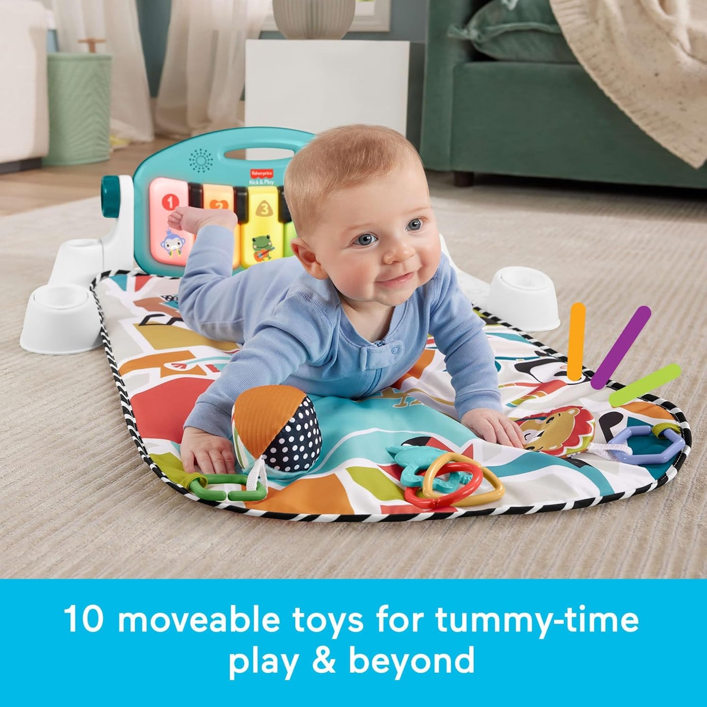 HotFisher-Price Baby Playmat Glow and Grow Kick & Play Piano Gym, Blue Musical Learning Toy with Developmental Activities for Newborns 0+ Months