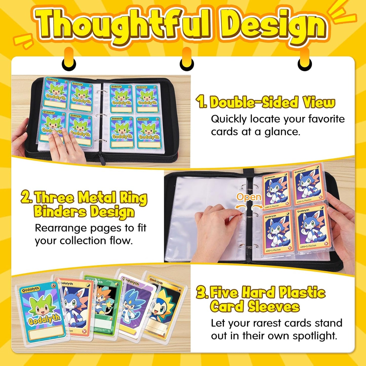 Hot Card Binder – 4 Pocket Zipper Collection Album, Premium PU Holder, Double-Sided Display for 400 Cards, Includes 5 Hard Plastic Sleeves for Game Cards, Sports Cards