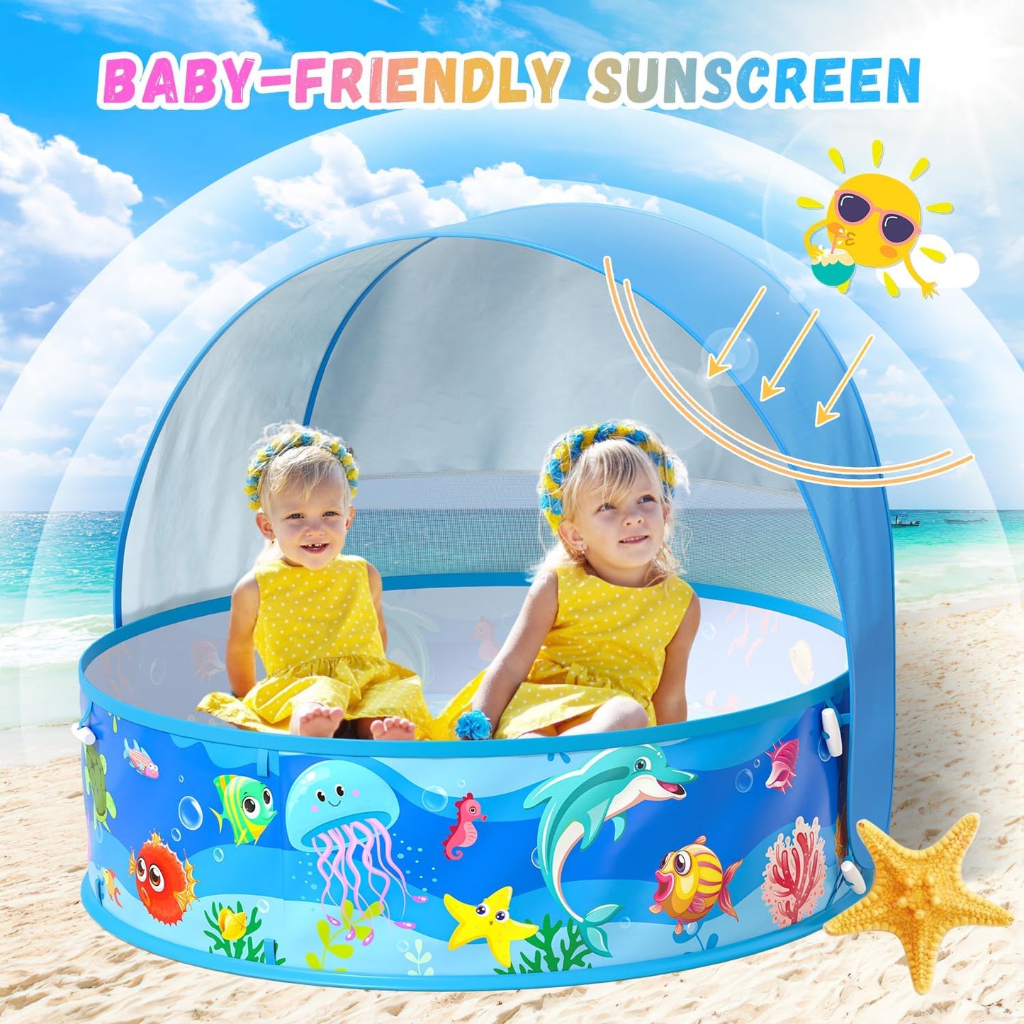 Hot Baby Pool with Canopy Foldable Kiddie Pool with Sun Shade Pools for Toddlers Baby Beach Essentials Pop Up Tent Swimming Wading Pools Portable Summer Water Play for Indoor Outdoor Beach Backyards