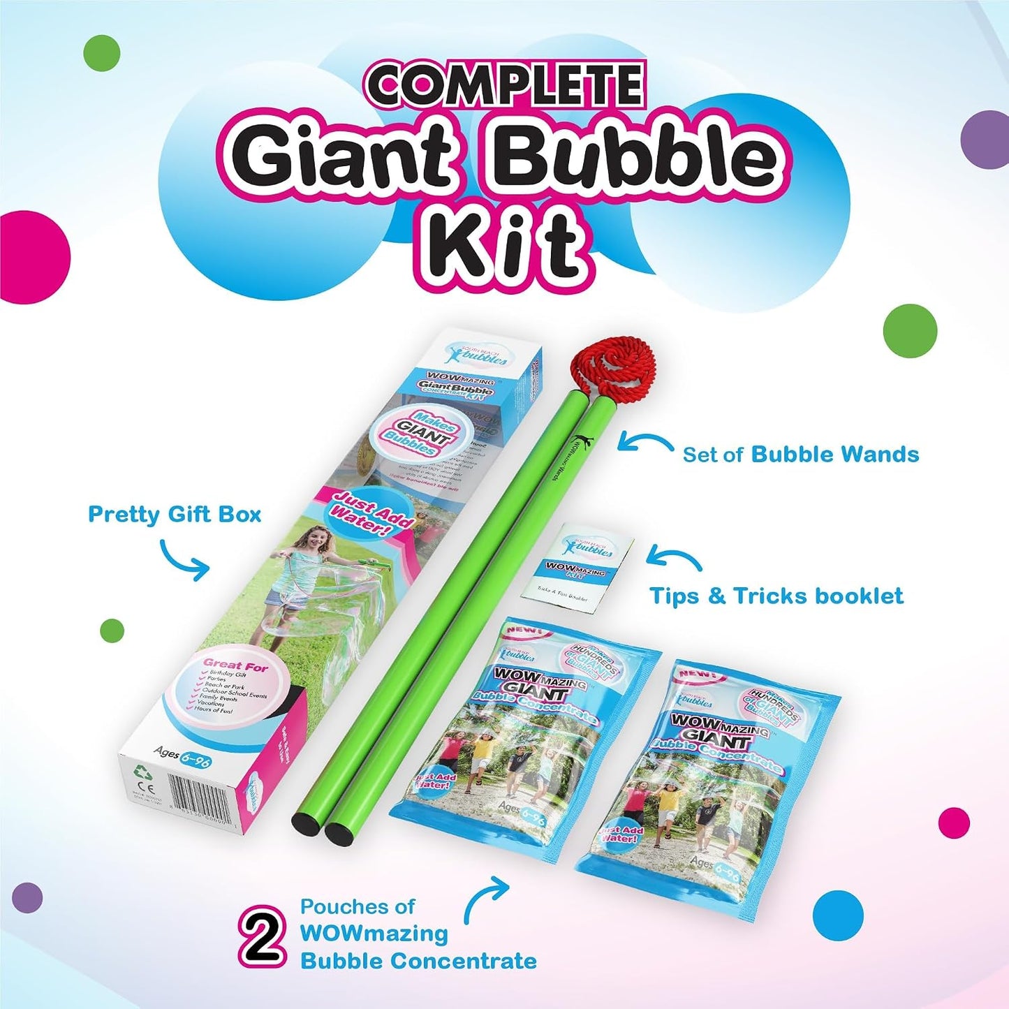Hot WOWmazing Giant Bubble Wands Kit: (4-Piece Set) | Incl. Wand, Big Bubble Concentrate and Tips & Trick Booklet | Outdoor Toy for Kids, Boys, Girls | Bubbles Made in The USA