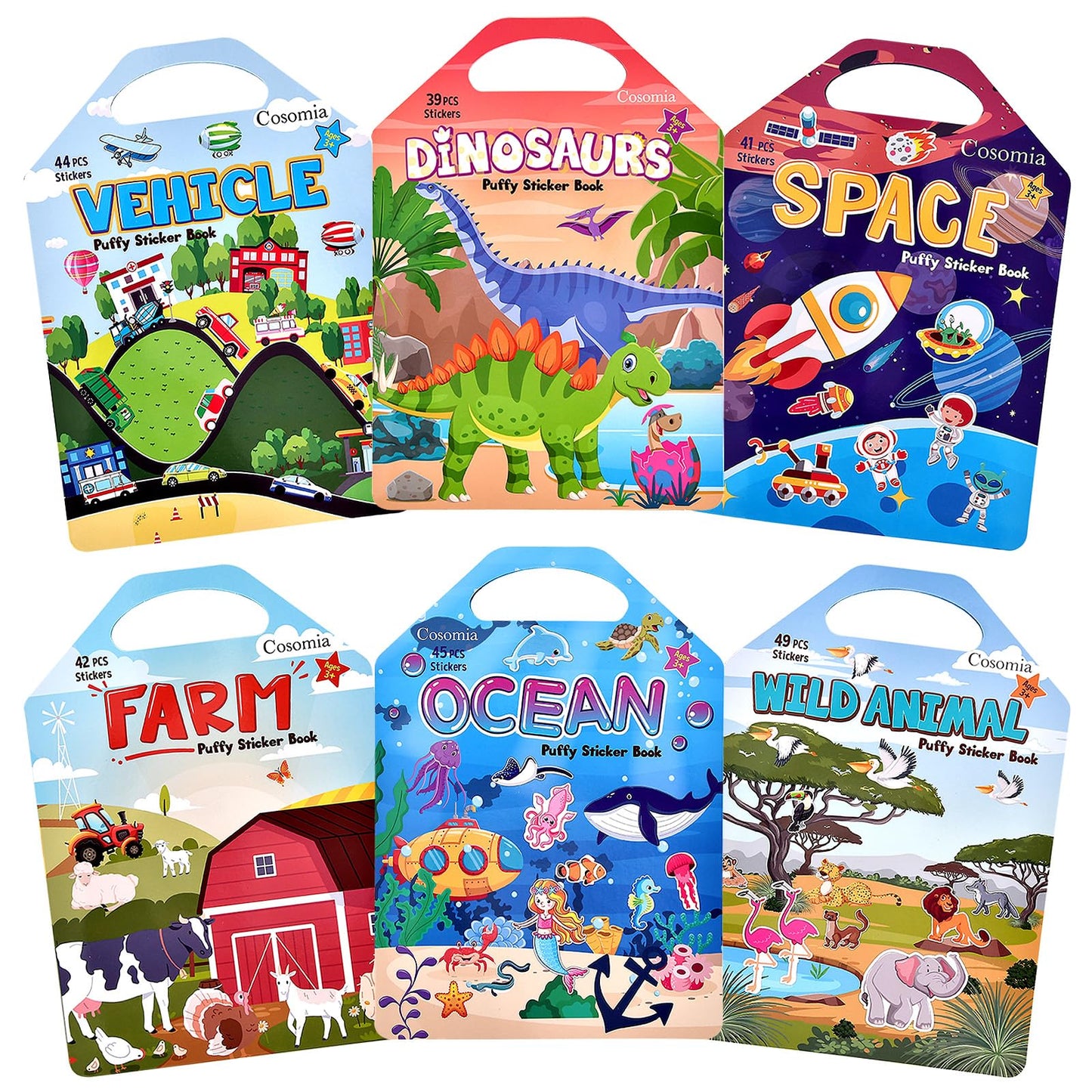 Hot6 Set (260pcs) Puffy Sticker Books Activity for Girls, Reusable Stickers Book, Fairytale+Garden+Princess Party+Mermaid+Kids Zone+Girls' Shop, Travel Book for Kids Ages 3+