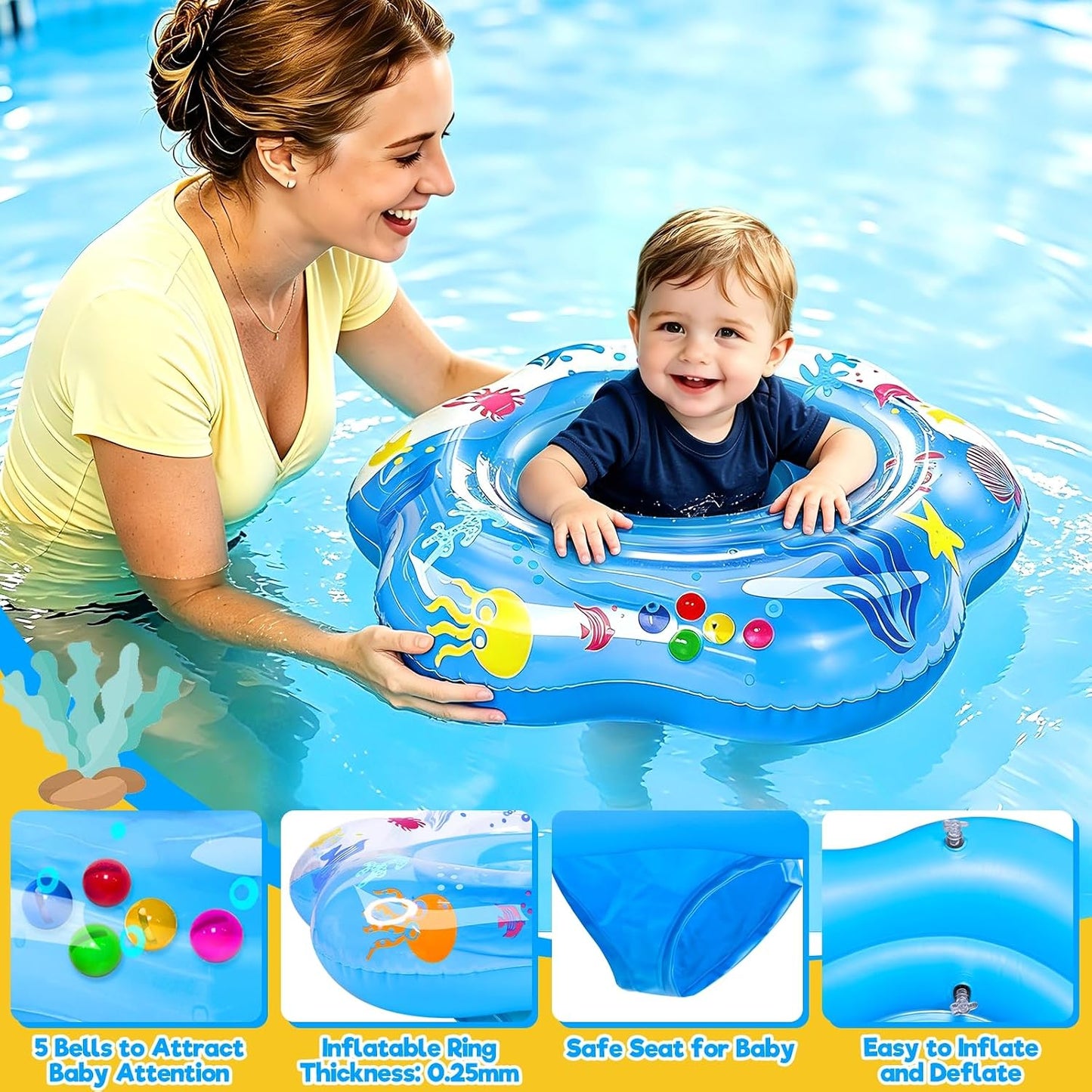 Hot 25.6" Inflatable Baby Pool Float for 6-36 Months Double Air Anti-Flip Safety Baby Swimming Float Toddler Swim Trainer Water Toys, Infant Swim Floats, Toddler Floaties,Kids Beach Toys Summer Essentials