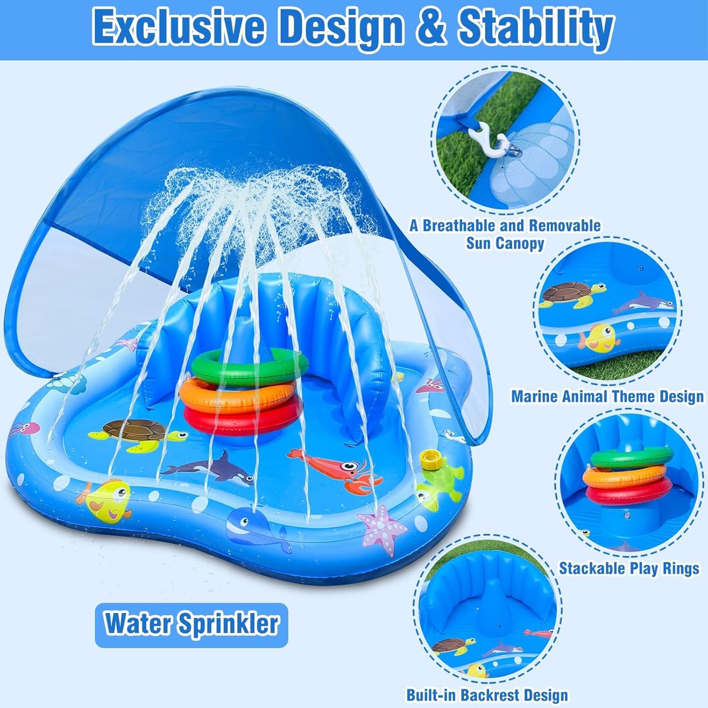 Hot iGeeKid Baby Play Mat with Sprinkler, Inflatable Baby Pool Float with Canopy Backrest & Stackable Rings Water Sprinkler for Kids, Outdoor Water Play Toys for Toddlers Backyard Swimming Water Games