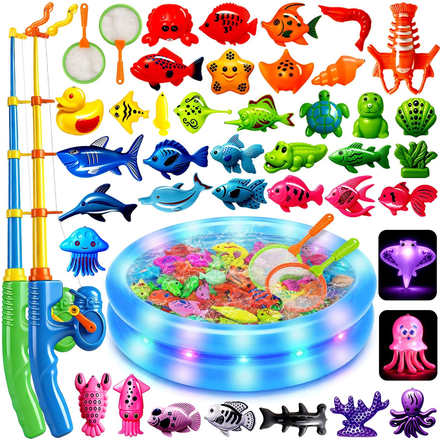 HotCozyBomB™ Magnetic Fishing Toys Game Set for Kids | Water Table Bathtub Kiddie Pool Party Pole Rod Net, Outdoor Plastic Floating Fish, Toddler Bath Color Ocean Sea Animals Birthday Gift Age 3-5 6 4-8