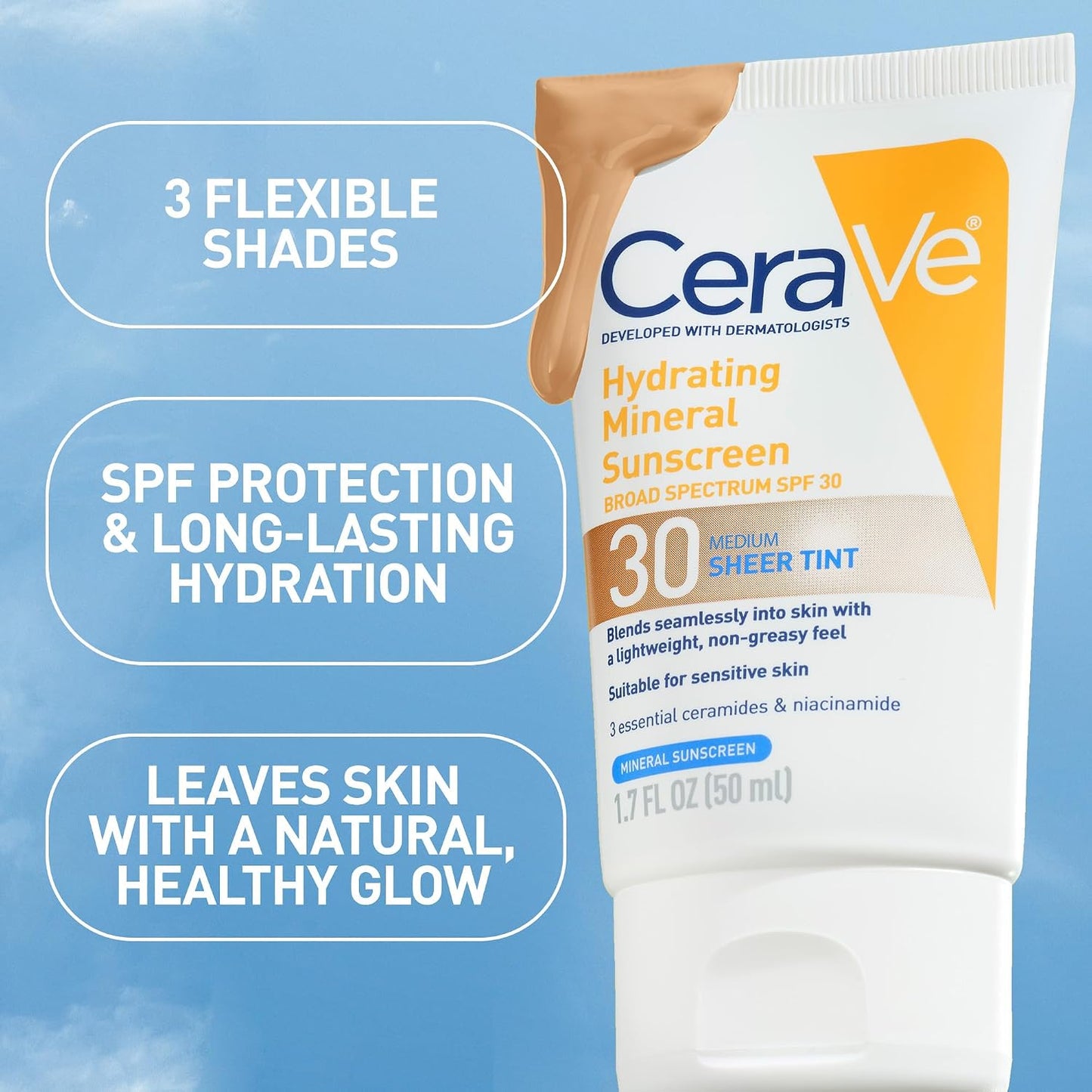 HotCeraVe Hydrating Mineral Sunscreen SPF 30 with Sheer Tint, Tinted Mineral Sunscreen with Zinc Oxide & Titanium Dioxide, Blends Seamlessly For Healthy Glow, Medium, 1.7 Fluid Ounce