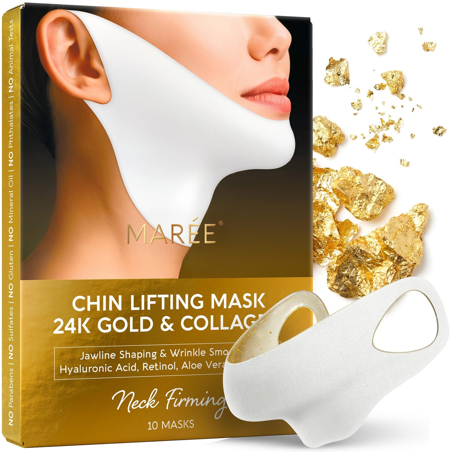 HotMAREE V Line Lifting Mask with 24K Gold – Deep Collagen Face Mask for Women – Jawline Shaper Mask with Retinol & Hyaluronic Acid – Neck Tightening & Firming - Double Chin Strap for Face Lift