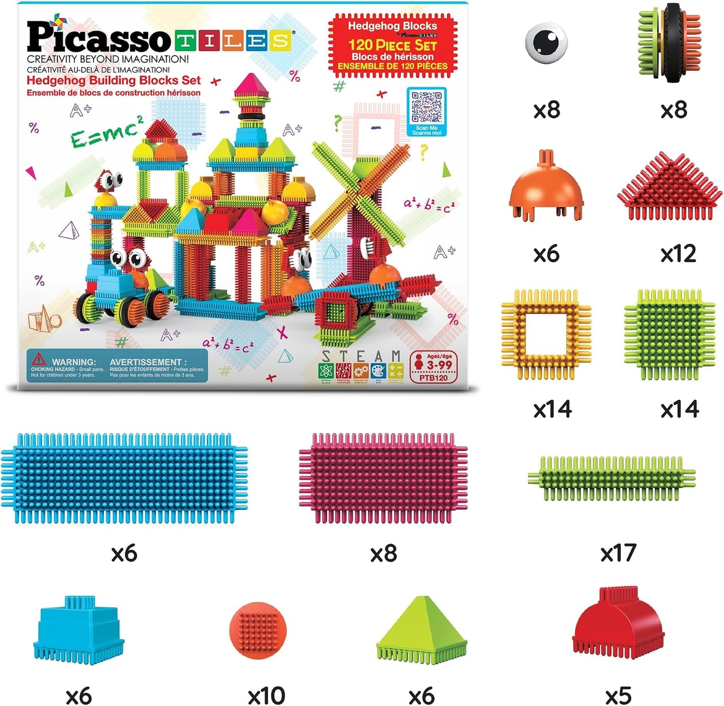 HotPicassoTiles 120pcs Hedgehog Interlocking Building Blocks Tiles Construction Toy Set Learning Playset STEAM Development Preschool Kindergarten Toy for Kids Age3+ PTB120 | Soft rubbery texture, easy-connect forms, BPA-free & lead-safe material, 20+ 3D d
