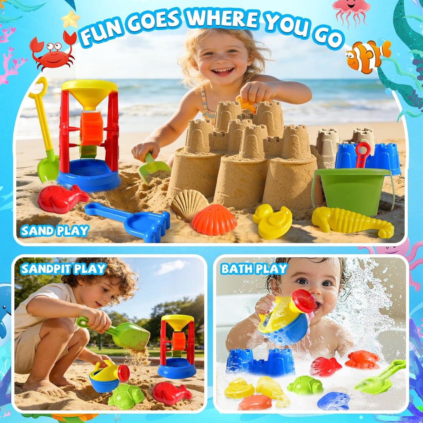 Hot Beach Toys, 19 Piece Sand Toys Set Kids Sandbox Toys Includes Water Wheel Beach Tool Kit Bucket Watering Can Molds with Mesh Bag for Kids Ages 3-13