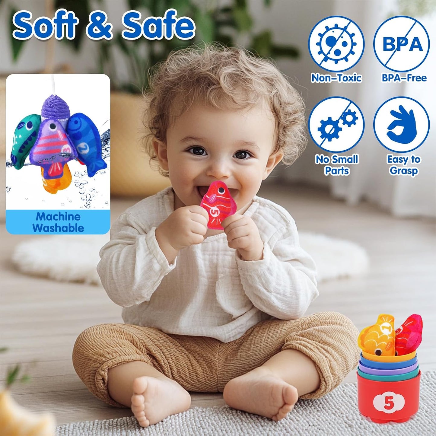 Hot Arovan Montessori Toys for 1 Year Old - Cloth Fishing Game with Stacking Cups Toddler Toys for One Year Old Boy Girl First Birthday Gift - Sorting Learning Baby Toy 12-18 Months 1 2 Year Old