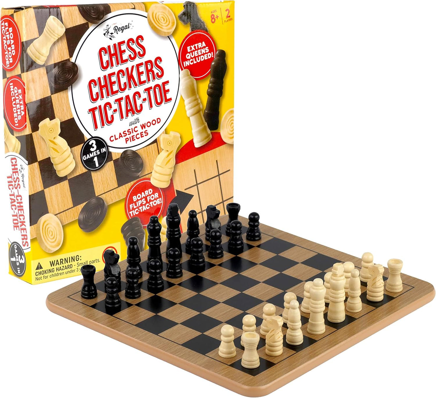HotRegal Games - Reversible Wooden Board for Chess, Checkers & Tic-Tac-Toe - 24 Interlocking Wooden Checkers and 32 Standard Chess Pieces - for Age 8 to Adult for Family Fun