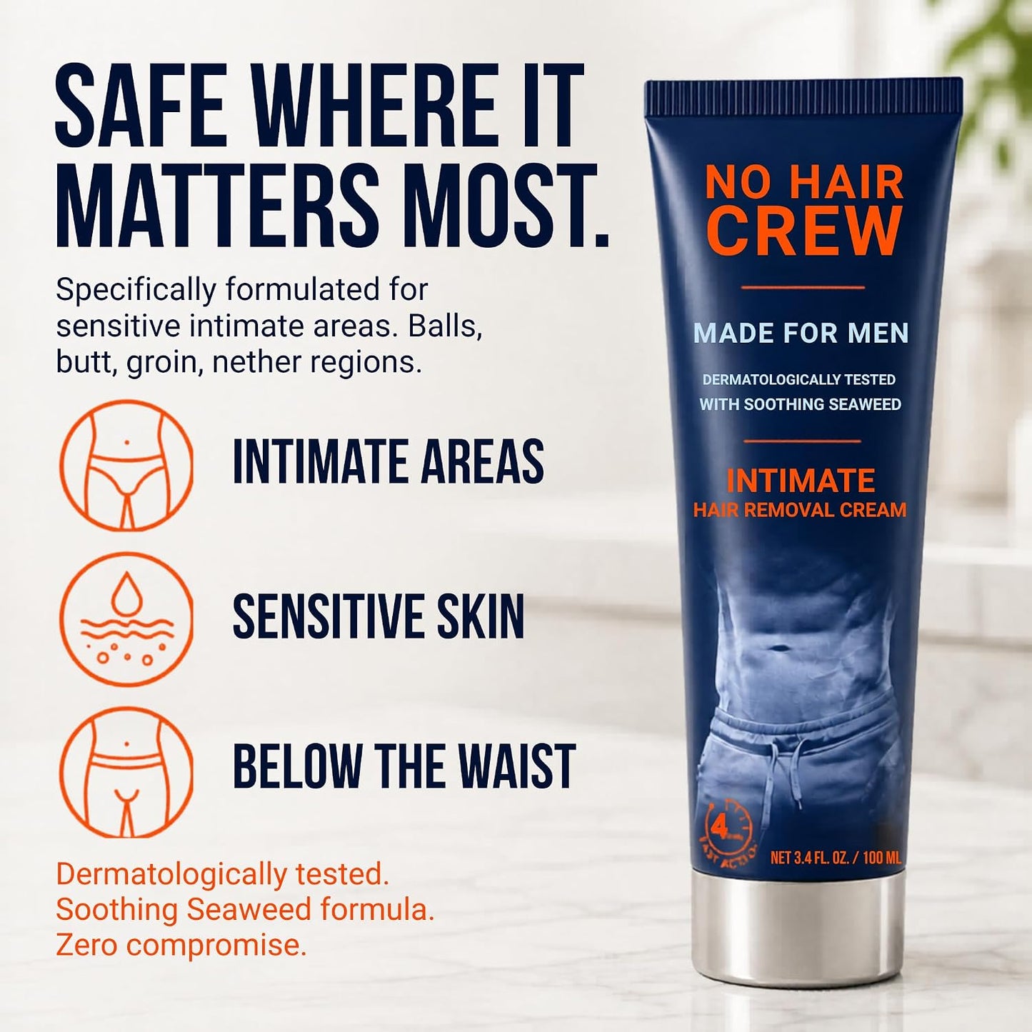 HotNo Hair Crew Intimate/Private At Home Hair Removal Cream for Men - Painless, Flawless, Soothing Depilatory for Unwanted Coarse Male Body Hair, 100ml
