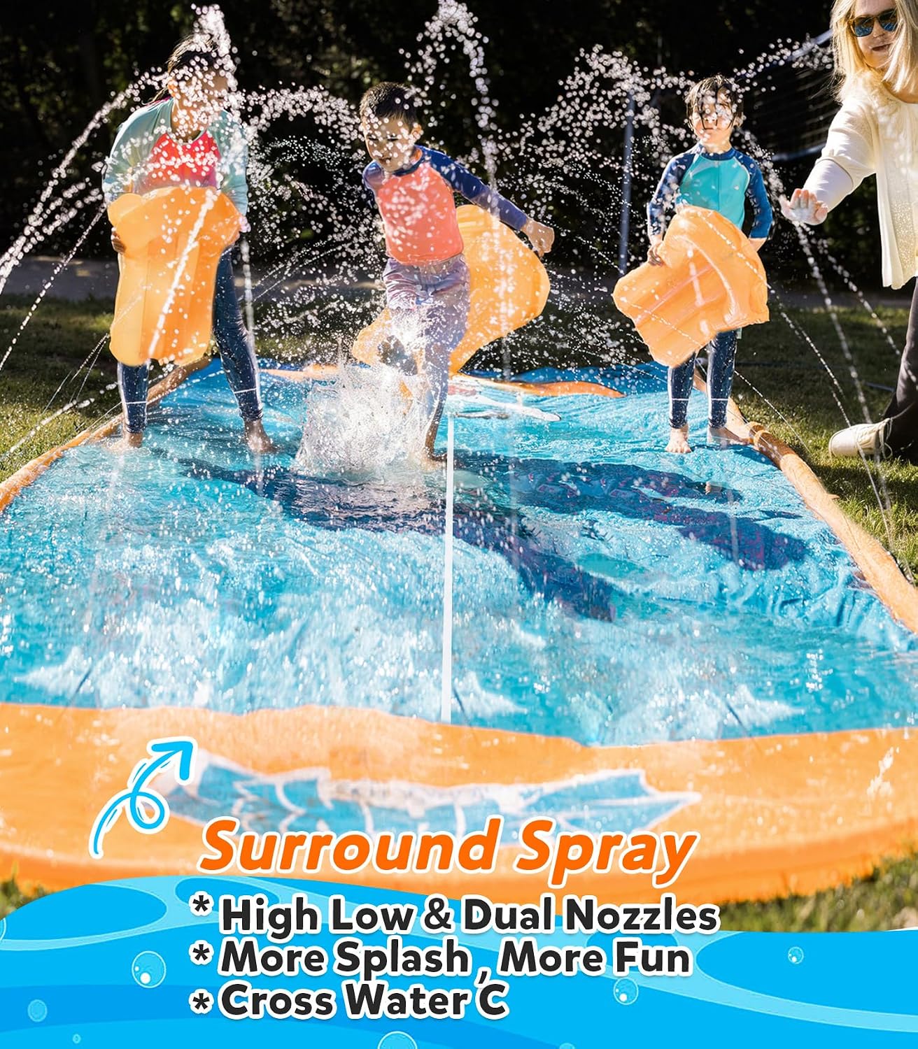 Hot Spring Water Slip and Water Slide, 22ft *2 Lanes Slip Water Slides for Kids Backyards Ages 5-8 8-12 with Sprinkler and Inflatable Bodyboards, Summer Water Fun Toy for Outdoor Lawn Games Play