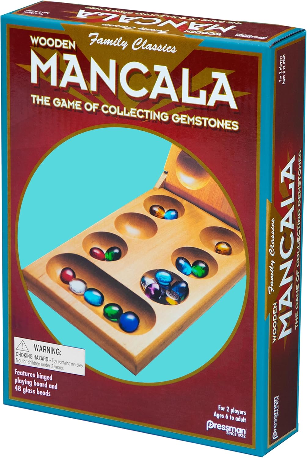 Hot Pressman Mancala Board Game | Fun Classic Table for Adults & Kids | Includes 48 Glass Mancala Stones and Wood Hinged Playing Board | 2 Players, Ages 6+
