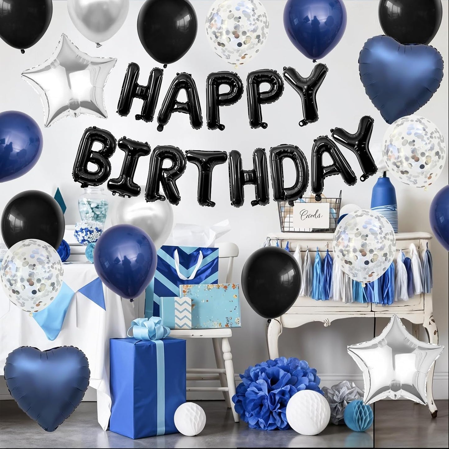 HotNavy Blue and Black Birthday Decorations for Men,Blue Black White Balloons Happy Birthdays Balloon Banner Silver Confetti Balloons for Men Boy Girls Women Adults Birthday Party Decorations
