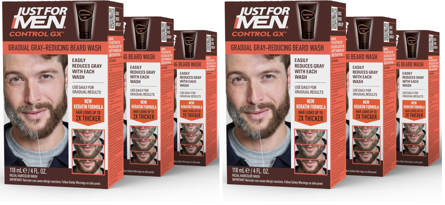HotJust for Men Control GX Grey Reducing Beard Wash Shampoo with Keratin, Gradually Colors Mustache and Beard, Leaves Facial Hair Thicker Softer and Fuller, 4 Fl Oz - Pack of 1