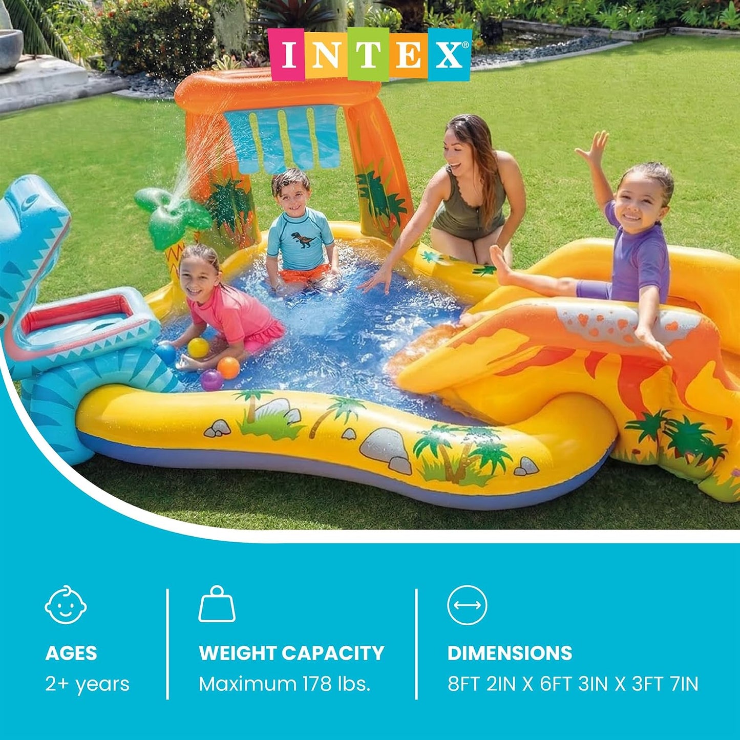 Hot INTEX 57444EP Dinosaur Inflatable Kiddie Pool: Inflatable Kids Pool with Water Sprayer and Slide – Kids Playhouse – 98" x 75" x 43" – Ages 2+