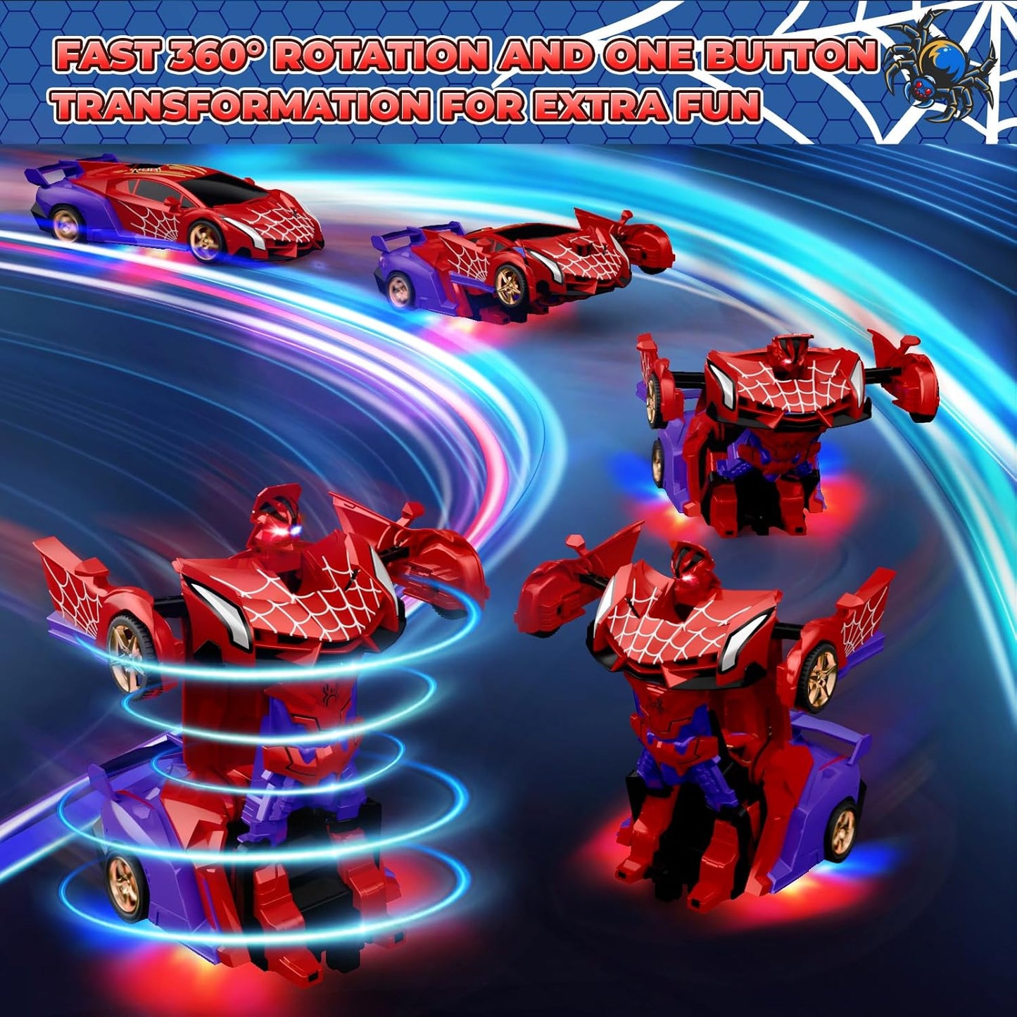 HotSpider Transform RC Cars Toys with Eye & Underbody Lights, 2.4GHz Remote Control Car One-Button Deformation, Fast 360°Rotation Robot Toys Birthday Gifts for 3 4 5 6 7 8 9 10 Year Old Boys Age 4-7 8-12