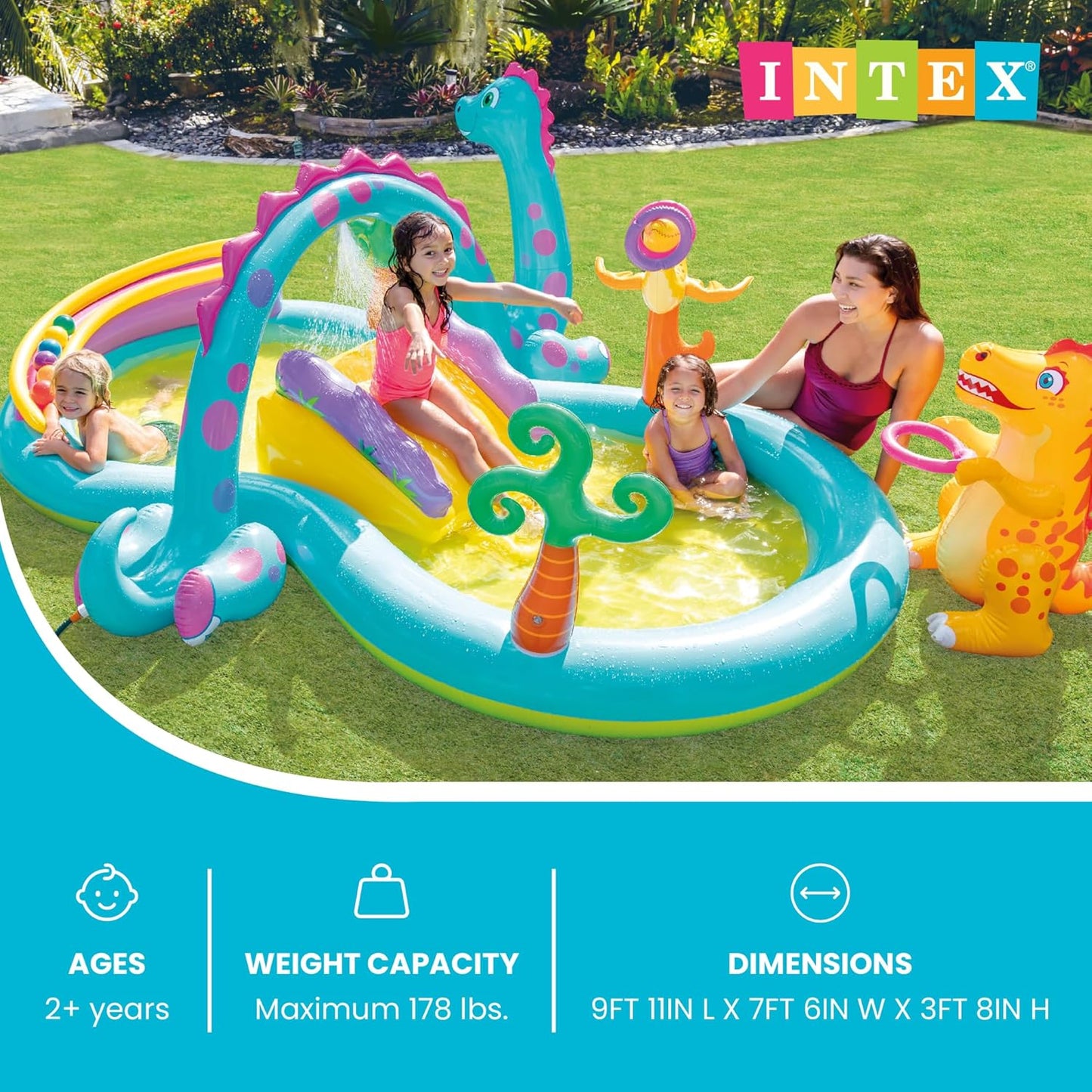 Hot INTEX Dinoland Inflatable Kiddie Pool: Inflatable Kids Pool with Water Sprayer and Slide – Splash Pad – 119" x 90" x 44" – Ages 3+
