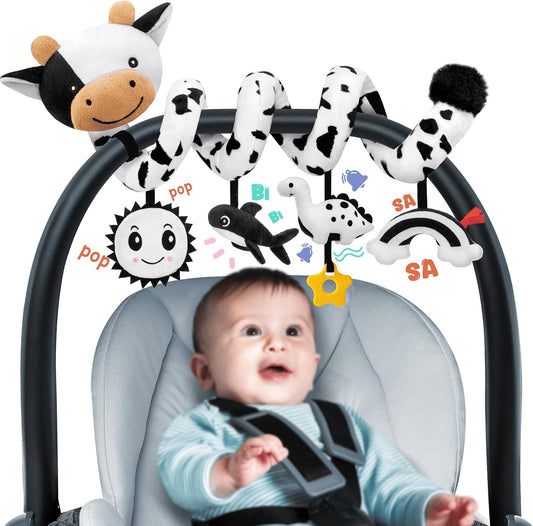 HotSpiral Car Seat Baby Toys 0-6 Months, Infant Carseat High Contrast Sensory Toys Hanging Stroller Accessories, Newborn Shower Gifts for Baby Boys Essentials Stuff, Cute Black and White Cow