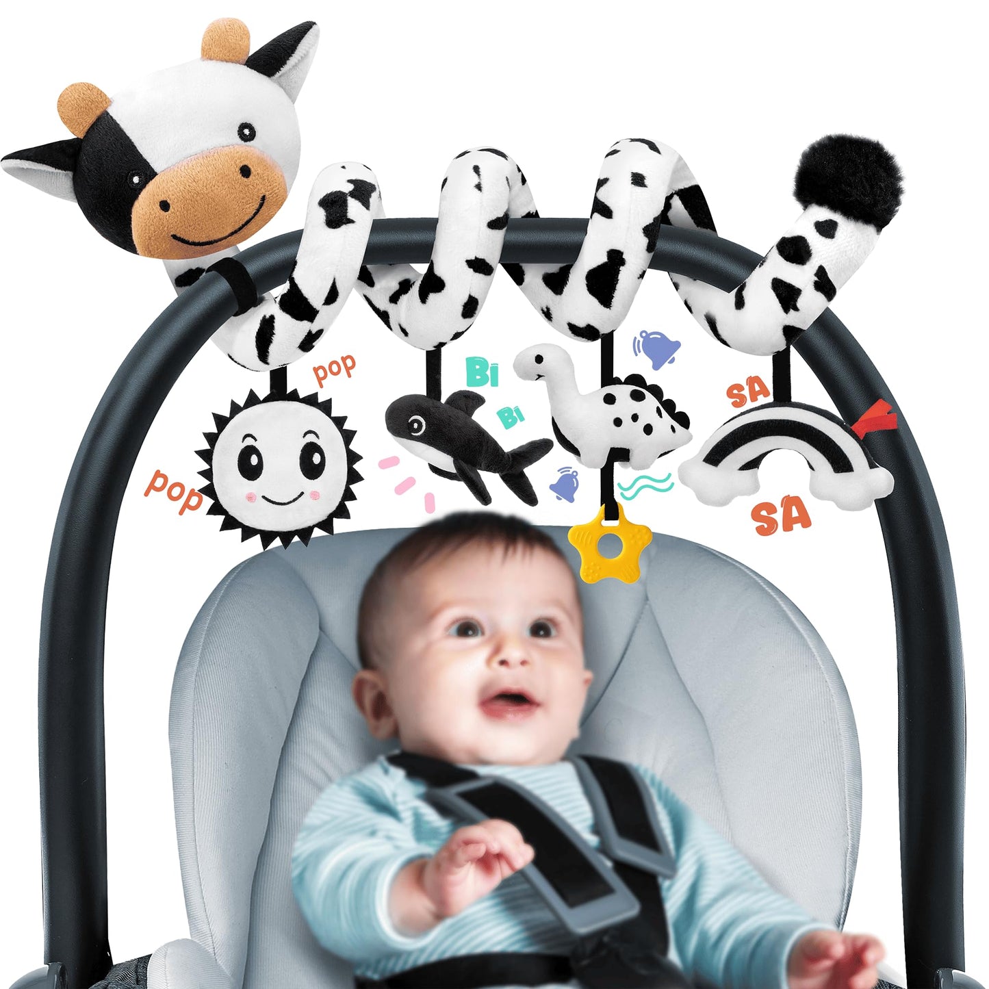HotSpiral Car Seat Baby Toys 0-6 Months, Infant Carseat High Contrast Sensory Toys Hanging Stroller Accessories, Newborn Shower Gifts for Baby Boys Essentials Stuff, Cute Black and White Cow